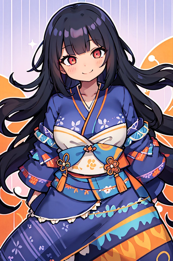 tanned skin,sweet smile,dark blue kimono with waves pattern that shows the skin,long black hair, purple and orange glowing eyes, white background, smiling cheerfully, thumb up
