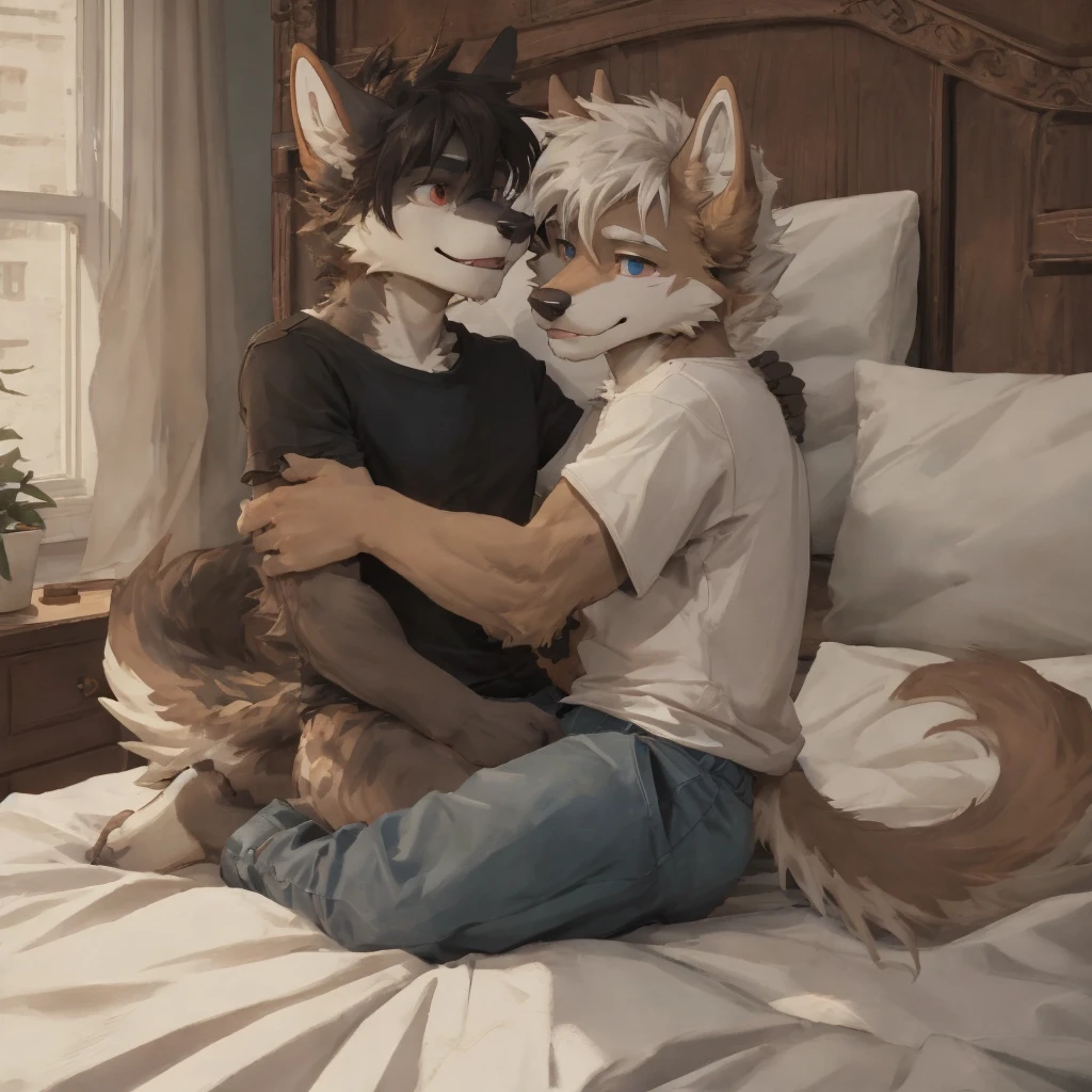 Male, male focus, anthro, jackal, dark Brown hair, pale brown fur, white fur , T-shirt, shadow, high quality, highlight, 16 years old boy , white hair black fur, white fur, wolf , red eyes pupil, 15 years old boy, age different, duo, hugs, blush, smiley face, lie on the bed, sit down on the side of the bed, touch his hair, bed room, sfw