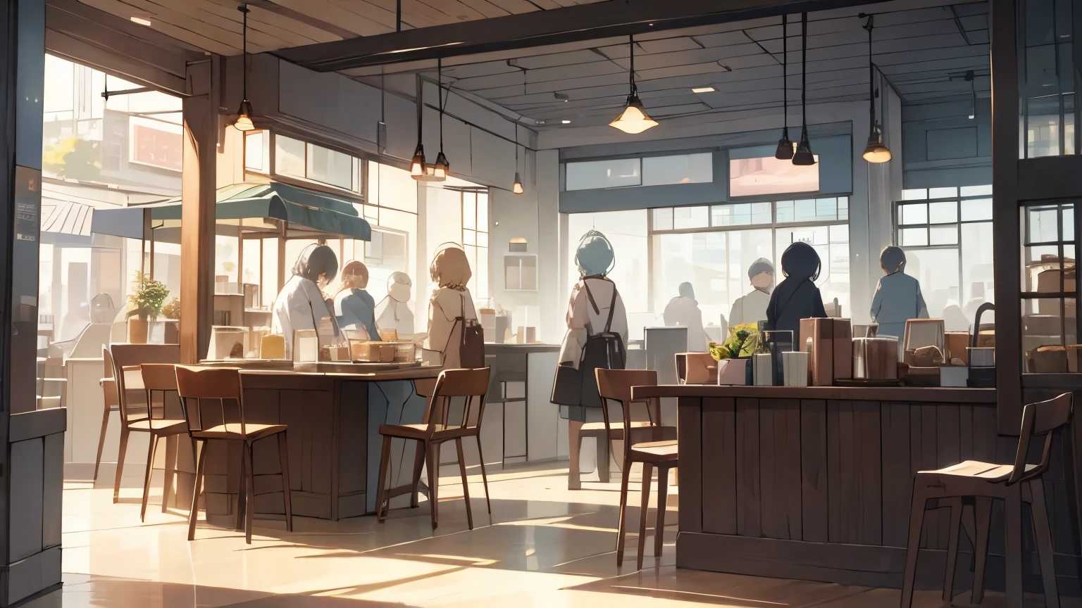 Pastel scenery,Stylish cafe,Anime Style,Freshly Brewed Coffee,A colorful display of baked goods, Relaxed atmosphere, Cozy atmosphere,