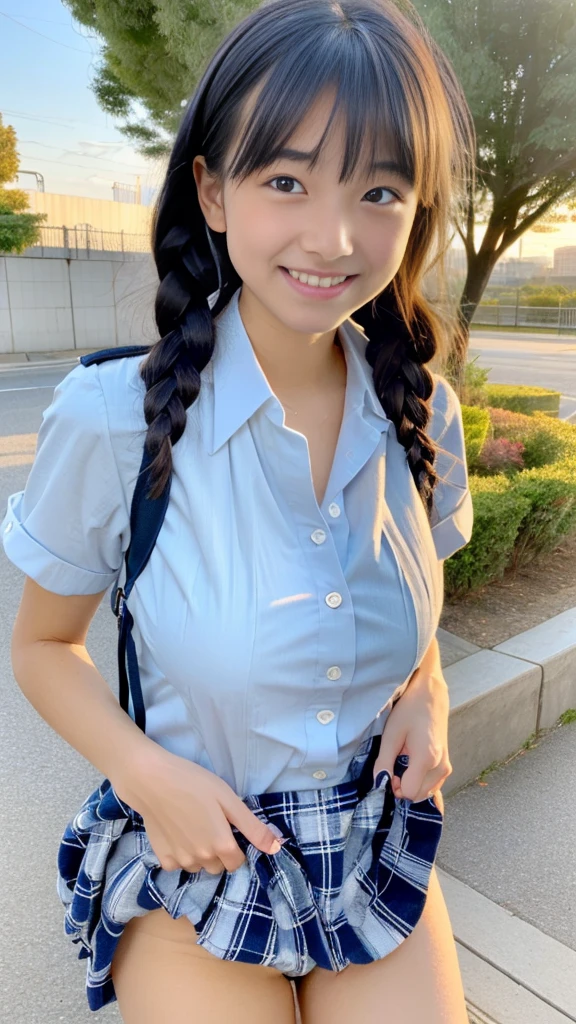 (masterpiece:1.3, highest quality, Ultra-high resolution, Very detailed), (Realistic:1.1, photoRealistic:1.4), Beautiful illustrations, Perfect lighting, colorful, Written boundary depth, 
Beautiful detailsまでこだわった髪, Beautifully detailed face, Beautiful details, Beautiful clavicle, Beautiful body, Beautiful breasts, Beautiful thighs, Beautiful legs, Beautiful fingers, 
View your audience, 1 girl, Japanese, high school girl, Perfect Face, (Perfect Anatomy, Anatomically correct), Cute and symmetrical face, Baby Face, Sunburn, Shiny skin, 
(Middle Hair:1.5, Twin tails:1.2, blonde), Asymmetrical bangs, blue eyes, Long eyelashes, (Medium Chest), thin, 
((Collared short-sleeved shirt, Light blue shirt, , Grey plaid pleated skirt, To the Navy)), No pants, (Overflowing from the vagina),
(Beautiful views), evening, (Outdoor, distant cityscape), Are standing, (peace sign), (Cute Smile, Blushing、Upward glance, Open your mouth), (Beautiful pussy line like bread)