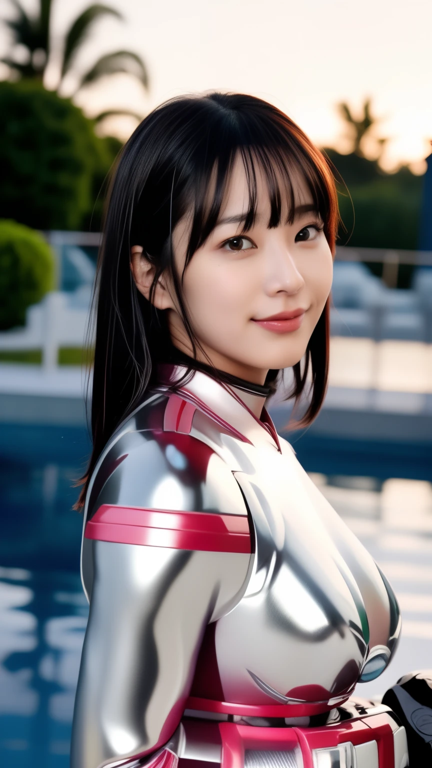 25 year old woman wearing a sexy pink and white shiny skin tight hero suit:1.5, highest quality, High resolution, 8k, One girl, Huge breasts :1.5, Pool, (bangs,Black Hair,Medium Hair), Beautifully detailed skies, Soft lighting, Wind, Shiny skin, View your viewers, smile、Show your side:1.5