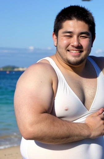 ((highest quality)), ((masterpiece)), (detailed), Perfect Face、Shaved head、Young Japanese、Muscular、Fat body、Big guy、smile、white small swimsuit、Emphasize the chest、Thick legs、Thick arms