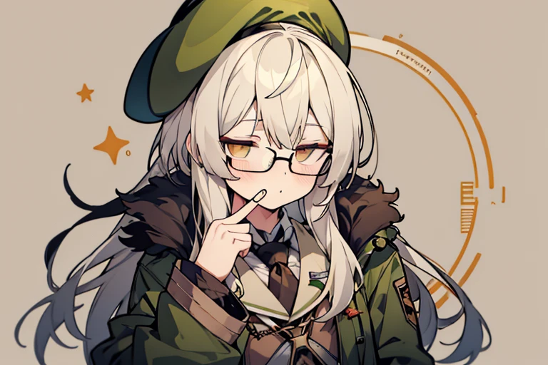 long ahoge,shirt,White hair,Brown eyes,circle-glasses,Brown tie,brown skirt,dark green beret,Dark green jacket,girl with,steampunkai,sleepeace,retro city background,jitome,fg2h, fingergun,hand to own mouth