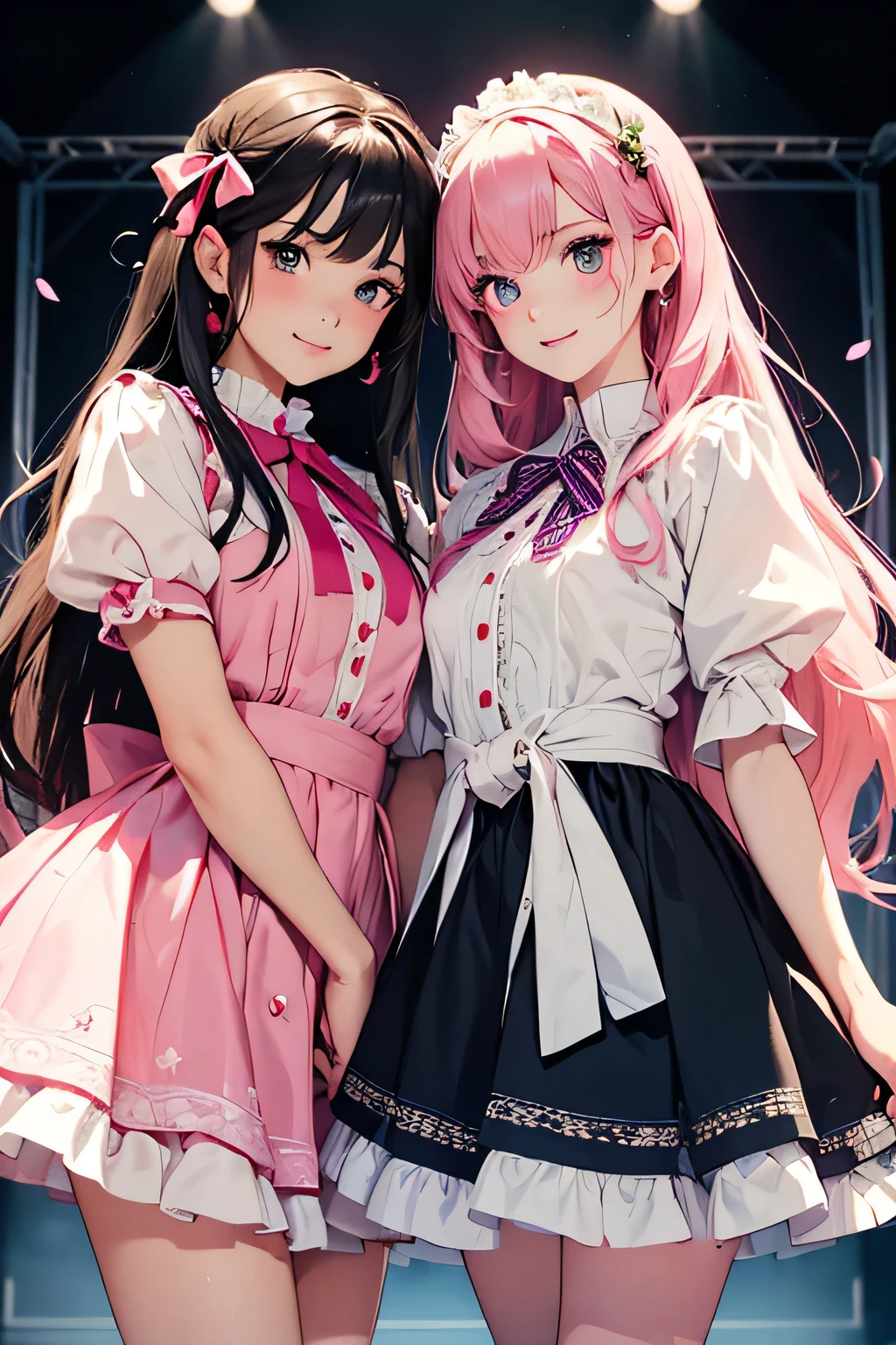 highest quality、High resolution、Detailed Background、(Beautiful face in every detail:1.4)、Anatomically correct、(Detailed facial expressions)、(Detailed eyes:1.2)、(Detailed eyes:1.2)、Teenage beauty、(Highly detailed face:1.4)、Brightly colored hair、well-groomed eyebrows、Cosplay-style sailor dress、No sleeve、White Stockings、Smiling and dancing on stage、A big smile、Impressive、Uplifting、Idol Style、Show your side、(Two beautiful girls striking a pose:1.5)、
Bright colors and pop colors、pink、yellow、Pastel colors etc.、Ruffles and laces、Sleeves and hems of clothing、Ruffles and laces are applied to the collar etc.、Animal and floral patternotifs such as hearts、Dresses and skirts、Femininity and cuteness、Hair accessories and ribbons