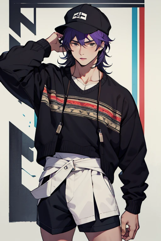 Hombre joven, cabello morado, Cabello corto, gorra negra, camisa blanca, black waist sweater, Shorts morados, medias largas blancas 