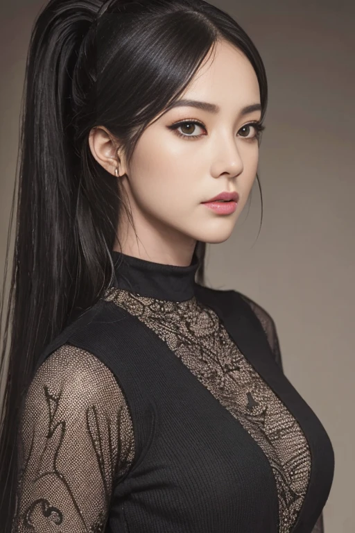 ((Top Quality、8K、masterpiece:1.3))、a tall and beautiful woman、Perfect Figure:1.4、(gothic aesthetic) Slim Abs、(goth girl) black hairstyle、long hair、No postural movement、Stand up straight、Huge bust、Highly detailed facial and skin texture、(A detailed eye, Symmetry Eyes, Clear eyes, Double eyelidd、Cold-stricken face、Symmetrical face), Royal sisters full of fans、The Telegraph Esbian、peach buttocks、(black gothic Knit Dress, Very Tight Knit), squart、(Raw foto:1.2)、((Photorealcitic:1.4))Top Quality、masterpiece、Real Photography、very delicate and beautiful.、super detailed CG、Unity、8K photo wallpaper、delicate detail、best qualtiy、Highly detailed CG unity 8k wallpaper、absurderes、Incredibly Absurd、huge file size、extremely highly detailed、Hight Resolution、ighly Details、Beautiful detail girl、extremely detailed eyes and face、beautiful delicate eyes、Facial light、cinematic lightings、1girll、see -through,Watch your audience, Plane Air, high ponytail、ulzzang-6500、The Telegraph Esbian,