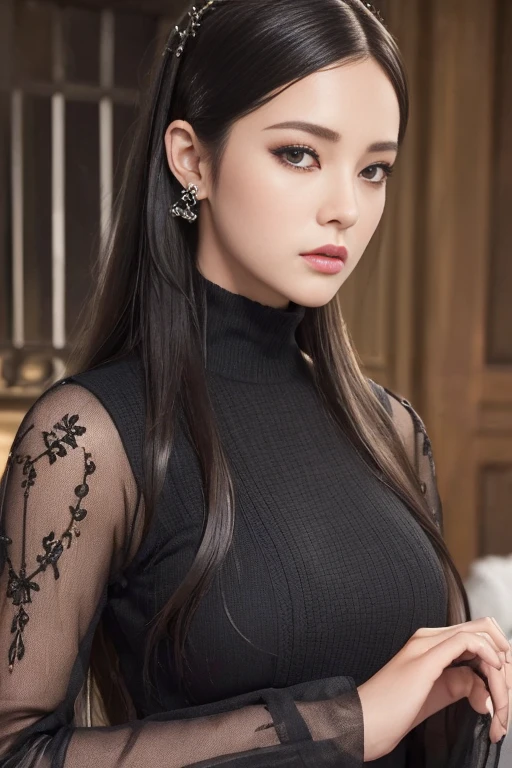 ((Top Quality、8K、​masterpiece:1.3))、a tall and beautiful woman、Perfect Figure:1.4、(gothic aesthetic) Slim Abs、(goth girl) black hairstyle、long hair、No postural movement、Stand up straight、Huge bust、Highly detailed facial and skin texture、(A detailed eye, Symmetry Eyes, Clear eyes, Double eyelidd、Cold-stricken face、Symmetrical face), Royal sisters full of fans、The Telegraph Esbian、peach buttocks、(black gothic Knit Dress, Very Tight Knit), squart、(Raw foto:1.2)、((Photorealcitic:1.4))Top Quality、​masterpiece、Real Photography、very delicate and beautiful.、super detailed CG、Unity、8K photo wallpaper、delicate detail、best qualtiy、Highly detailed CG unity 8k wallpaper、absurderes、Incredibly Absurd、huge file size、extremely highly detailed、Hight Resolution、ighly Details、Beautiful detail girl、extremely detailed eyes and face、beautiful delicate eyes、Facial light、cinematic lightings、1girll、see -through,Watch your audience, Plane Air, high ponytail、ulzzang-6500、The Telegraph Esbian,