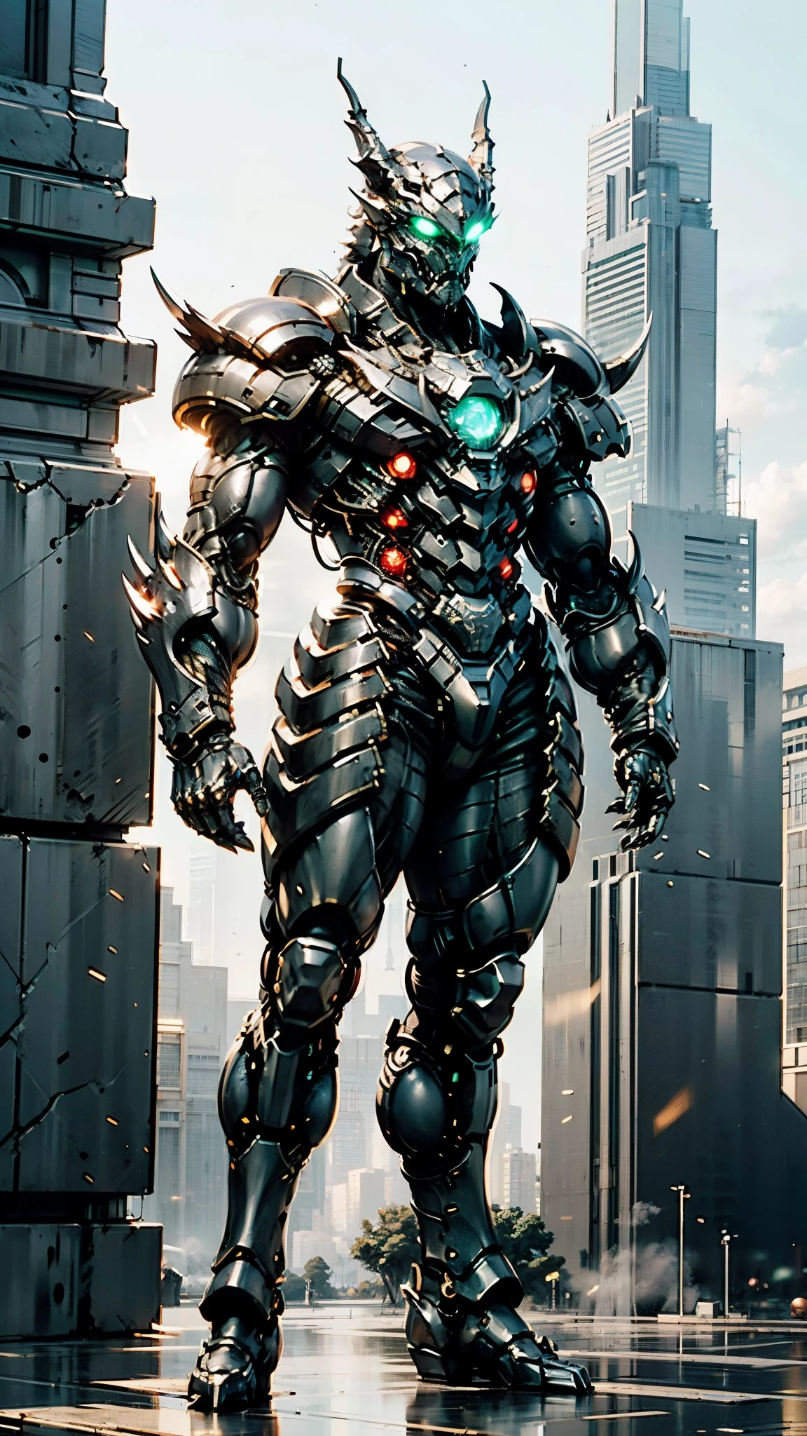 A man wearing a full-face helmet, a fantasy-style biomecha armored combat suit, green eyes, a composite layered chest armor, fully enclosed shoulder guards, matching arm and leg guards, the belt is adorned with dragon claw grasping orbs, (primarily black with red accents), the design balances heavy with agility, a high-tech biological armor, (Wolf concept Armor, stand on the top of a skyscraper in a futuristic sci-fi city), this character embodies a finely crafted fantasy-surreal style armored hero in anime style, exquisite and mature manga art style, (element, plasma, energy, the armor glows), ((male:1.5)), metallic, real texture material, dramatic, high definition, best quality, highres, ultra-detailed, ultra-fine painting, extremely delicate, professional, perfect body proportions, golden ratio, anatomically correct, symmetrical face, extremely detailed eyes and face, high quality eyes, creativity, RAW photo, UHD, 32k, Natural light, cinematic lighting, masterpiece-anatomy-perfect, masterpiece:1.5