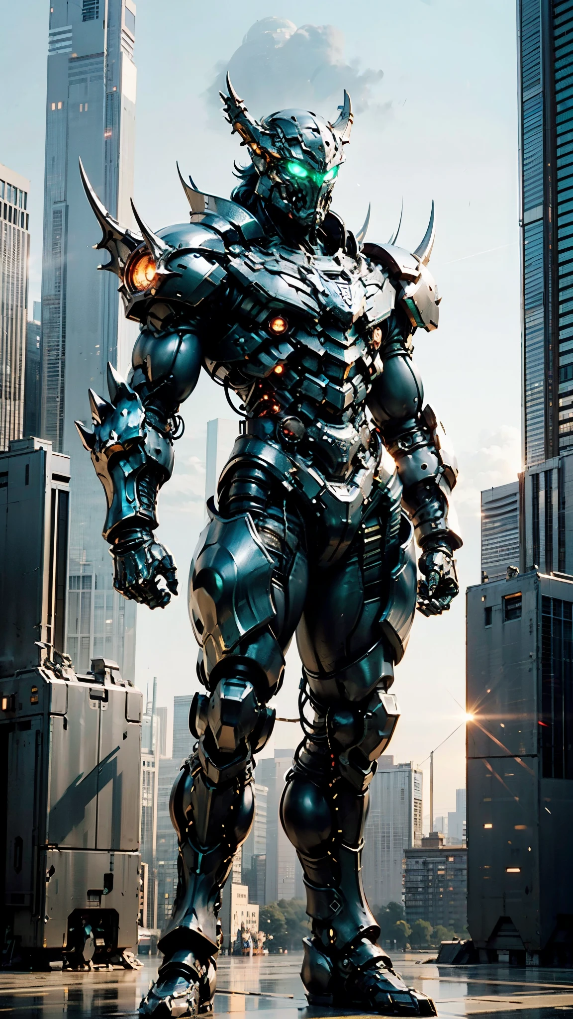 A man wearing a full-face helmet, a fantasy-style biotech armored combat suit, green eyes, (a composite layered chest armor), fully enclosed shoulder guards, matching arm and leg guards, the belt is adorned with dragon claw grasping orbs, (primarily black with red accents), the design balances heavy with agility, a high-tech bio-mecha armor, (Wolf concept Armor, stand on the top of a skyscraper in a futuristic sci-fi city), this character embodies a finely crafted fantasy-surreal style armored hero in anime style, exquisite and mature manga art style, (element, plasma, energy, the armor glows), ((male:1.5)), metallic, real texture material, dramatic, high definition, best quality, highres, ultra-detailed, ultra-fine painting, extremely delicate, professional, perfect body proportions, golden ratio, anatomically correct, symmetrical face, extremely detailed eyes and face, high quality eyes, creativity, RAW photo, UHD, 32k, Natural light, cinematic lighting, masterpiece-anatomy-perfect, masterpiece:1.5