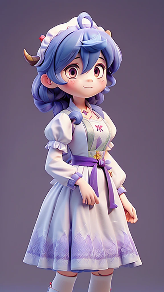 ((8K,masterpiece, best quality)),
1girl, solo, ganyu (genshin impact), breasts, horns, maid, long hair, thighhighs, blue hair, ahoge, looking at viewer, white thighhighs, holding, blush, maid headdress, apron, alternate costume, frills, cleavage, enmaided, bangs, dress, short sleeves, zettai ryouiki, black dress, purple eyes, medium breasts, goat horns, frilled dress, very long hair, standing, puffy sleeves, closed mouth, maid apron, sidelocks, white apron, cowboy shot, puffy short sleeves, simple background, red eyes, frilled apron, hair between eyes,