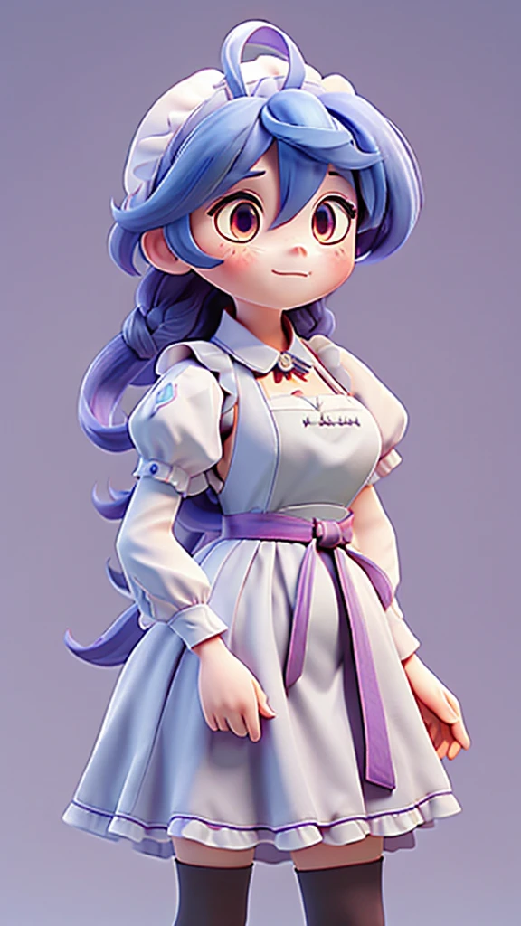 ((8K,masterpiece, best quality)),
1girl, solo, ganyu (genshin impact), breasts, horns, maid, long hair, thighhighs, blue hair, ahoge, looking at viewer, white thighhighs, holding, blush, maid headdress, apron, alternate costume, frills, cleavage, enmaided, bangs, dress, short sleeves, zettai ryouiki, black dress, purple eyes, medium breasts, goat horns, frilled dress, very long hair, standing, puffy sleeves, closed mouth, maid apron, sidelocks, white apron, cowboy shot, puffy short sleeves, simple background, red eyes, frilled apron, hair between eyes,
