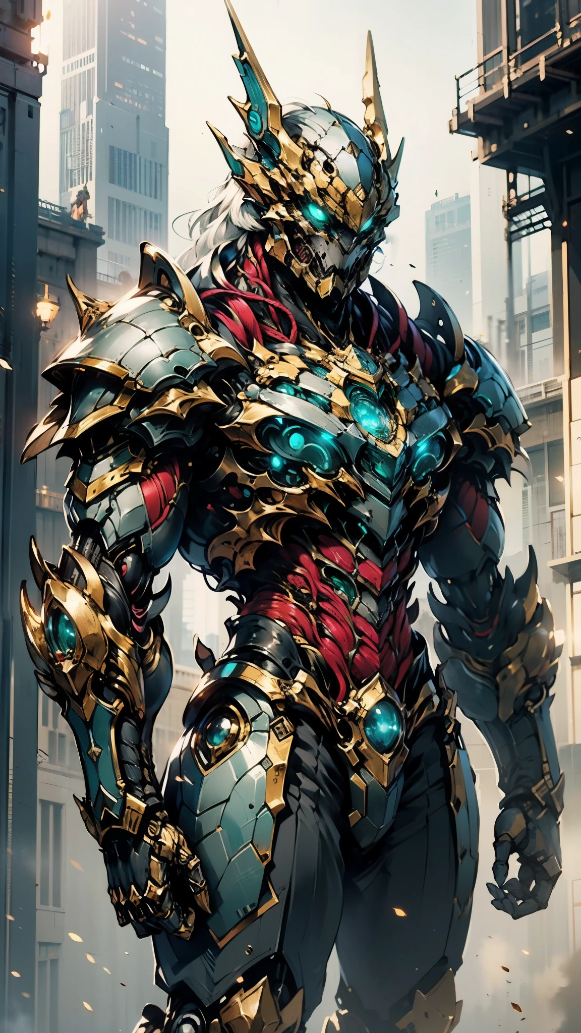 A man wearing a full-face helmet, a fantasy-style biomecha armored combat suit, green eyes, a composite layered chest armor, fully enclosed shoulder guards, matching arm and leg guards, the belt is adorned with dragon claw grasping orbs, (primarily black with red accents), the design balances heavy with agility, a high-tech biological armor, (Wolf concept Armor, stand on the top of a skyscraper in a futuristic sci-fi city), this character embodies a finely crafted fantasy-surreal style armored hero in anime style, exquisite and mature manga art style, (element, plasma, energy, the armor glows), ((male:1.5)), metallic, real texture material, dramatic, high definition, best quality, highres, ultra-detailed, ultra-fine painting, extremely delicate, professional, perfect body proportions, golden ratio, anatomically correct, symmetrical face, extremely detailed eyes and face, high quality eyes, creativity, RAW photo, UHD, 32k, Natural light, cinematic lighting, masterpiece-anatomy-perfect, masterpiece:1.5