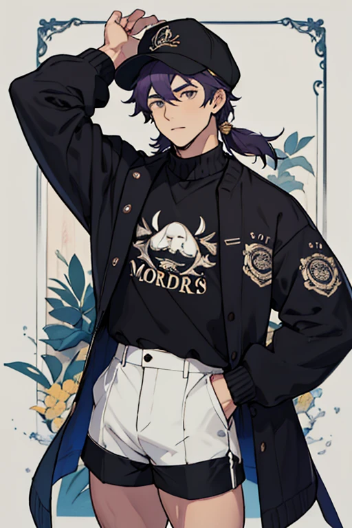 Hombre joven, cabello morado, Cabello corto, gorra negra, camisa blanca, black waist sweater, Shorts morados, medias largas blancas