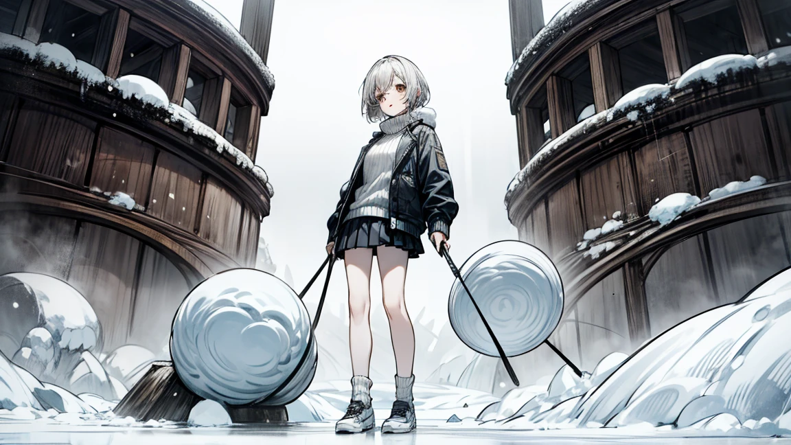 rustic,Heavy snow,Snow,a girl,Pure:1.5,slim,,wearing a turtleneck sweater,jacket,Pleated skirt,Bare legs,White socks,Very thin,The legs are very thin,Thin legs,whole body