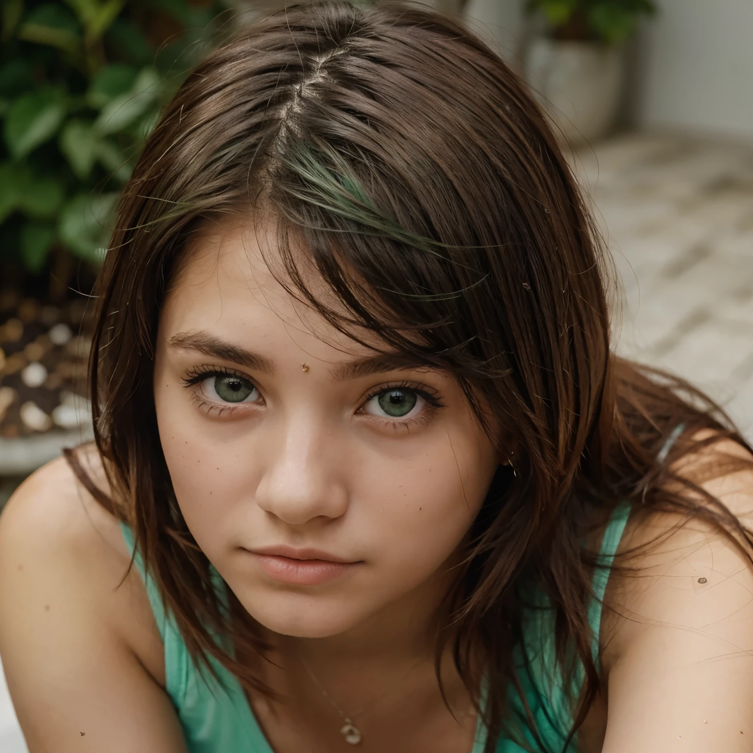 An 18 year old girl, ojos de color verde profundos, el pelo de color rojo y hermosa