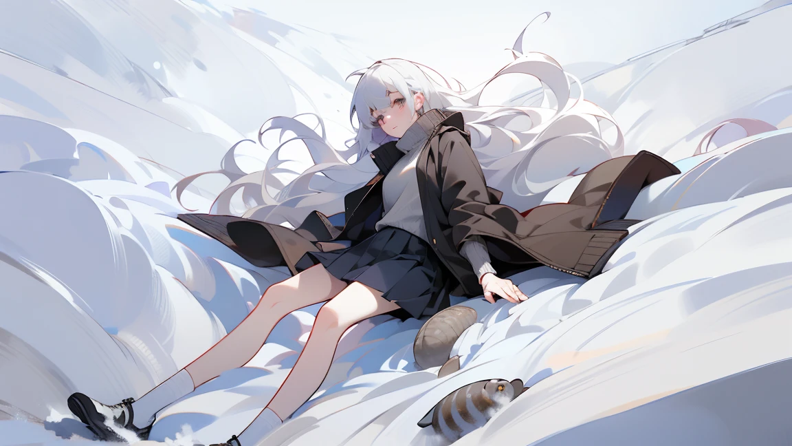 rustic，Heavy snow，Snow，a girl，Pure：1.5，slim，16 years old，wearing a turtleneck sweater，jacket，Pleated skirt，Bare legs，White socks，Very thin，The legs are very thin，Thin legs，whole body