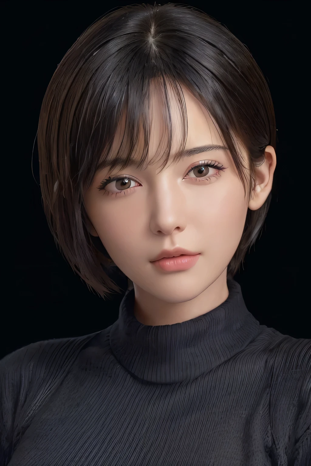 (masterpiece:1.3), (8k, Realistic, RAW Photos, highest quality: 1.4), (One girl), Beautiful Face, (Realistic Face), (Black Hair, short hair:1.3), Beautiful hairstyle, Realistic eyes, Beautiful fine details, (Realistic Skin), Beautiful Skin, (sweater), Absurd, Charm, Ultra-high resolution, Ultra-realistic, Very detailed, Golden Ratio