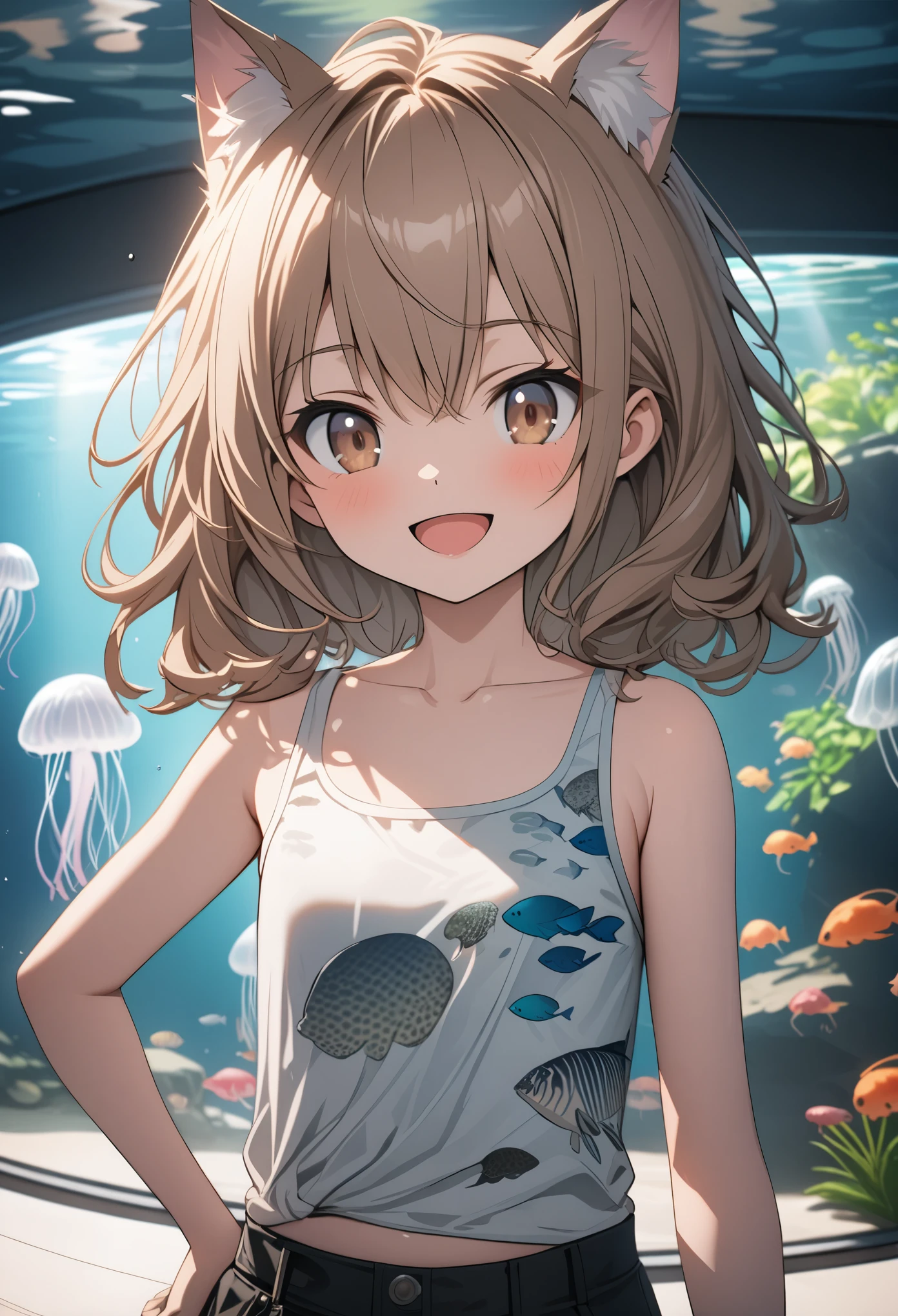 ((Masterpiece)), ((best quality)), (Anime:1.3), (super detail:1.2),(High Definition:1.3), (Professional Photography:1.2), wide shot, (()), Portrait shot, (morning), messy medium hair, (slightly exposed small chest), Beautiful collarbone, (Punk-style tank top), Slender body, (place hand on hip), glossy skin, (nauthy smile), open mouth, ((Beautiful brown eyes)), Textured skin, (Cat ears), Pale brown hair, Cute Beautiful Girl, BREAK, ((best quality)), ((In the beautiful aquarium)), jellyfish swim,