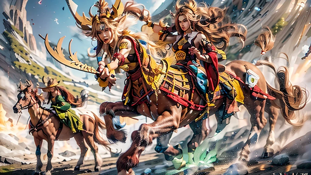 In the beautiful illustration of this super-grand scene，The ultra-distant lens shows us（More than eight distinctive Centaur characters：2.7），Their personality、Distinctive and vivid features。from（A radiant, angelic, snow-white centaur from heaven：1.1），arrive（Nightmare-like fiery red centaur surrounded by flames：1.1）、再arrive（Green Centaur, the wind fairy dancing in the air：1.1）、再arrive有（One-horned blue centaur surrounded by lightning：1.1），arrive（A mechanical-style mecha Centaur shining with metallic light：1.1）、再arrive（A powerful dragon-shaped centaur wearing colorful dragon scale leather：1.1）、再arrive（A slender elven centaur that is graceful and agile：1.1）Gracefully wears a flower crown、arrive（Enchanting and charming Tiflin centaurs：1.1）、再arrive（A succubus centaur with an indescribably sexy feeling：1.1）。Each Centaur character fully demonstrates his unique style。The illustration uses advanced artistic techniques and tools，Use nesting、Weaving、Splicing、perspective、interlude、Montage and other artistic techniques，Divide the scene into sections by geometric arrangement，Each part corresponds to a role，from而更有效地利用了空间，Make eight centaurs exist in one picture at the same time，（The style tends to be grotesque，abstract，fantasy，Gothic，Cthulhu，indescribable：3.3）。Through Midjourney's advanced brush tools、Color palette、Material packs和模型包、Texture tools，For each centaur, beautiful props are designed to increase racial characteristics、Clothing and physical features，Enhances the character's personality and visual appeal，The scenery in the illustrations is stunning，There are changing skies、rainbow、aurora、Stars and Moon。Incorporating iconic landmarks such as Mount Everest，and fireworks、Tranquil Lake、Natural and urban elements of waves and neon lights，Creates a magical atmosphere，Centaurs demonstrate their unique abilities and equipment in a variety of environments，This is true even in extreme alien landscapes。Use Midjourney's tools、Material packs、Texture tools、The color palette makes depicting details vivid and realistic，from复杂的发型和以及不同的种族特质、Body、Appearance features、服装arrive真实的纹理，Greatly improved the realism of the Centaurs and their surroundings，The fusion of multiple art styles adds dynamism to the character&#39;s movement at all angles，The overall visual experience is further enriched。The final illustration was described as a "masterpiece"，It has the characteristics of "best quality" and "realistic"，The details put into the creative process are shown、Level of creativity and craftsmanship。 hdr，（Reality，Masterpiece quality，Best quality）