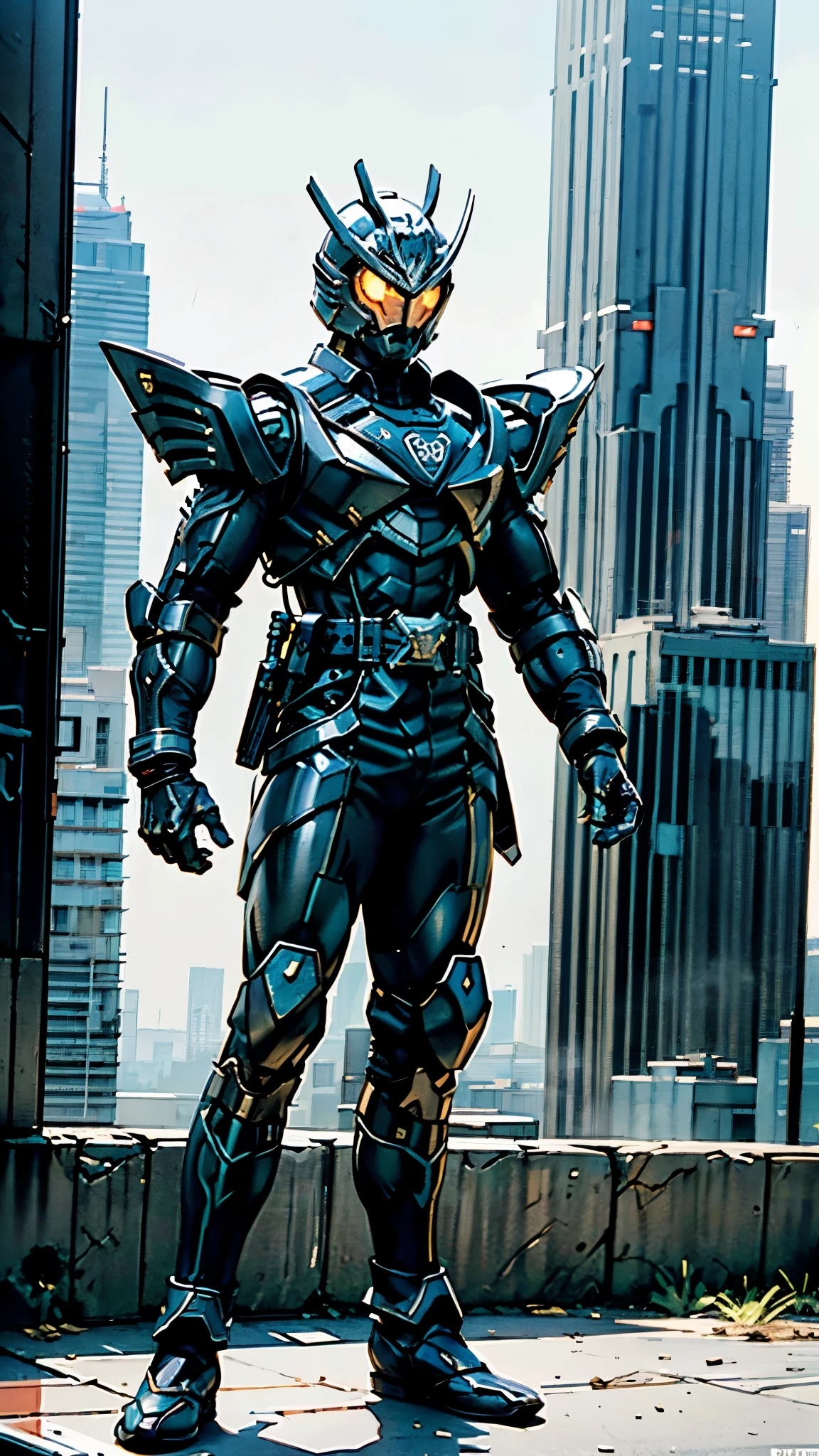 A man wearing a full-face helmet, a fantasy-style biotech armored combat suit, green eyes, (a composite layered chest armor), fully enclosed shoulder guards, matching arm and leg guards, the belt is adorned with dragon claw grasping orbs, (primarily black with red accents), the design balances heavy with agility, a high-tech bio-mecha armor, (lion concept Armor, stand on the top of a skyscraper in a futuristic sci-fi city), this character embodies a finely crafted fantasy-surreal style armored hero in anime style, exquisite and mature manga art style, (element, plasma, energy, the armor glows), ((male:1.5)), metallic, real texture material, dramatic, high definition, best quality, highres, ultra-detailed, ultra-fine painting, extremely delicate, professional, perfect body proportions, golden ratio, anatomically correct, symmetrical face, extremely detailed eyes and face, high quality eyes, creativity, RAW photo, UHD, 32k, Natural light, cinematic lighting, masterpiece-anatomy-perfect, masterpiece:1.5