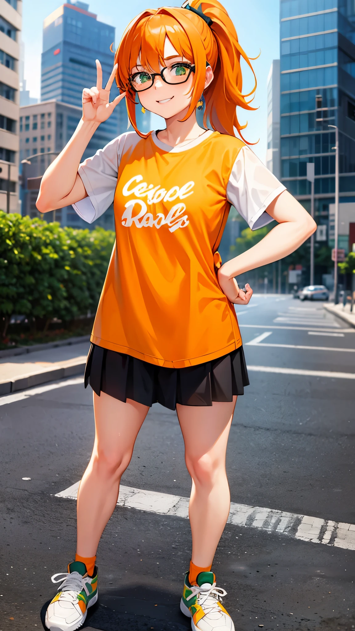 Girl, ponytail hair, orange hair, green eyes, cute girl, glasses, smile, t-shirt, mini skirt, long stocking, sneaker shoes, city
