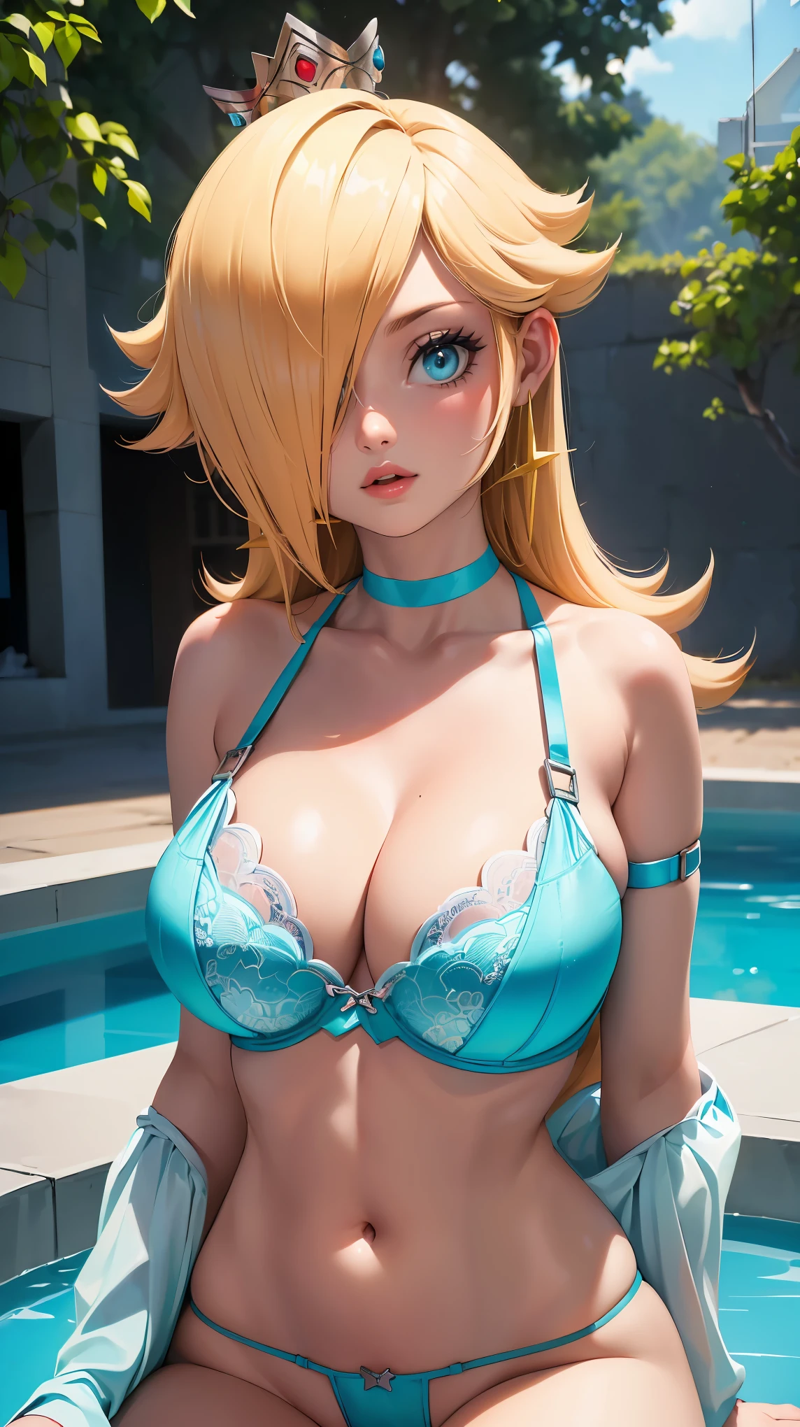 (best quality). (Ultra Detalhado). (1girl), Olhando para o Viewer. (Antecedentes detalhados). belos olhos detalhados. rosto delicado e bonito. (high saturation), seios grandes, droopy breasts, (((blue bra with straps))), 