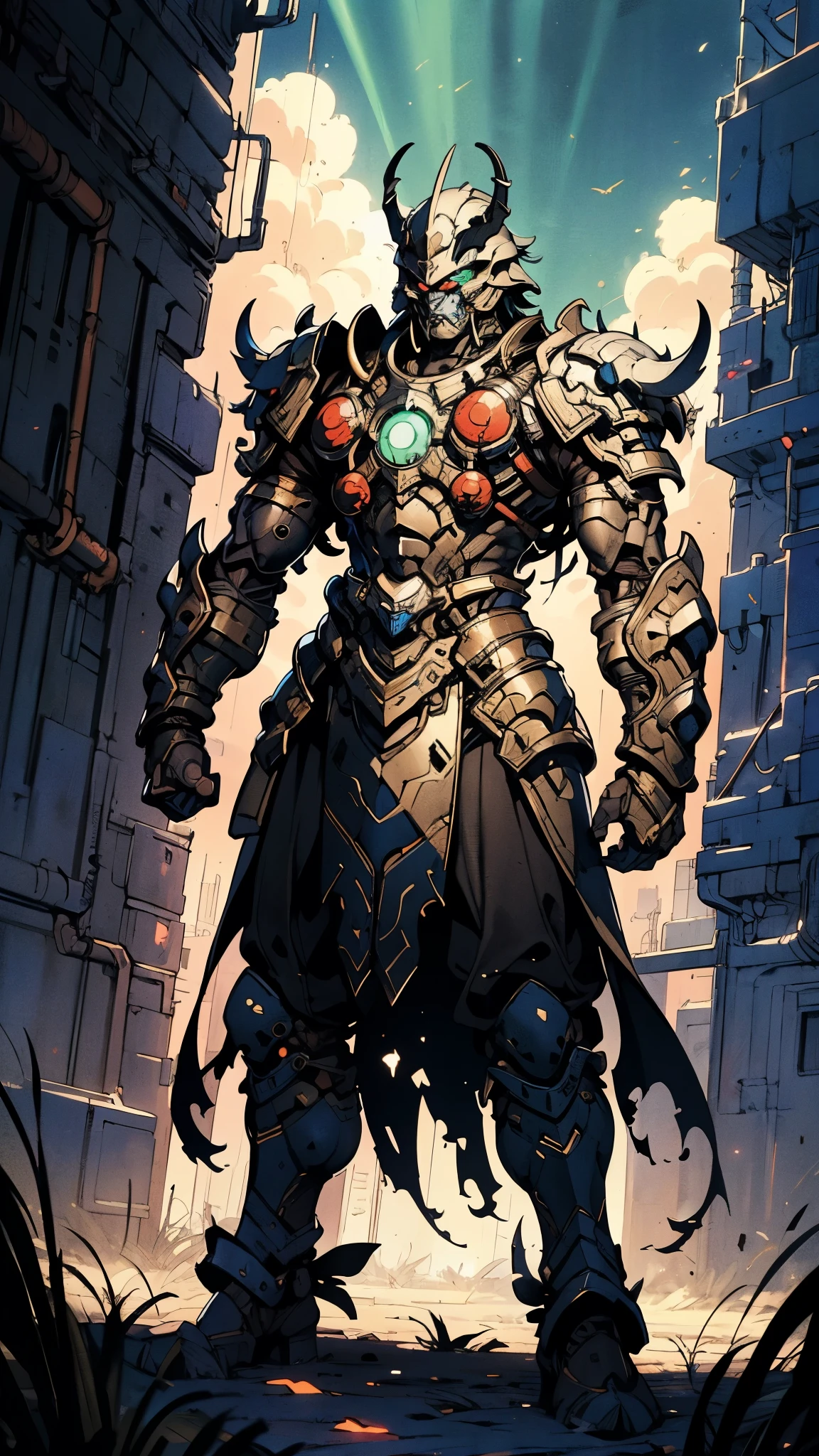 A man wearing a full-face helmet, a fantasy-style biotech armored combat suit, green eyes, (a composite layered chest armor), fully enclosed shoulder guards, matching arm and leg guards, the belt is adorned with dragon claw grasping orbs, (primarily black with red accents), the design balances heavy with agility, a high-tech bio-mecha armor, (lion concept Armor, stand on the top of a skyscraper in a futuristic sci-fi city), this character embodies a finely crafted fantasy-surreal style armored hero in anime style, exquisite and mature manga art style, (element, plasma, energy, the armor glows), ((male:1.5)), metallic, real texture material, dramatic, high definition, best quality, highres, ultra-detailed, ultra-fine painting, extremely delicate, professional, perfect body proportions, golden ratio, anatomically correct, symmetrical face, extremely detailed eyes and face, high quality eyes, creativity, RAW photo, UHD, 32k, Natural light, cinematic lighting, masterpiece-anatomy-perfect, masterpiece:1.5