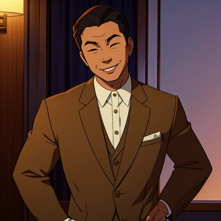 Asian man with tan skin, eyes closed, smile, evil intentions, head tilt slightly, nice suit.