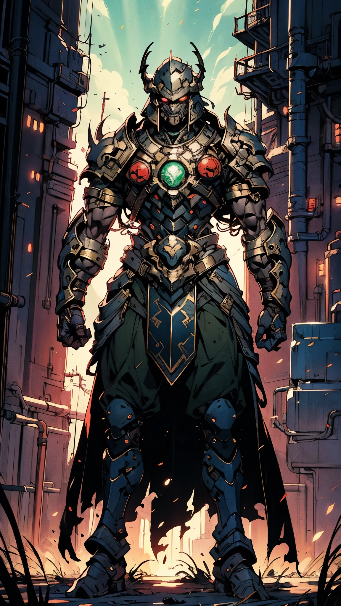 A man wearing a full-face helmet, a fantasy-style biotech armored combat suit, green eyes, (a composite layered chest armor), fully enclosed shoulder guards, matching arm and leg guards, the belt is adorned with dragon claw grasping orbs, (primarily black with red accents), the design balances heavy with agility, a high-tech bio-mecha armor, (lion concept Armor, stand on the top of a skyscraper in a futuristic sci-fi city), this character embodies a finely crafted fantasy-surreal style armored hero in anime style, exquisite and mature manga art style, (element, plasma, energy, the armor glows), ((male:1.5)), metallic, real texture material, dramatic, high definition, best quality, highres, ultra-detailed, ultra-fine painting, extremely delicate, professional, perfect body proportions, golden ratio, anatomically correct, symmetrical face, extremely detailed eyes and face, high quality eyes, creativity, RAW photo, UHD, 32k, Natural light, cinematic lighting, masterpiece-anatomy-perfect, masterpiece:1.5