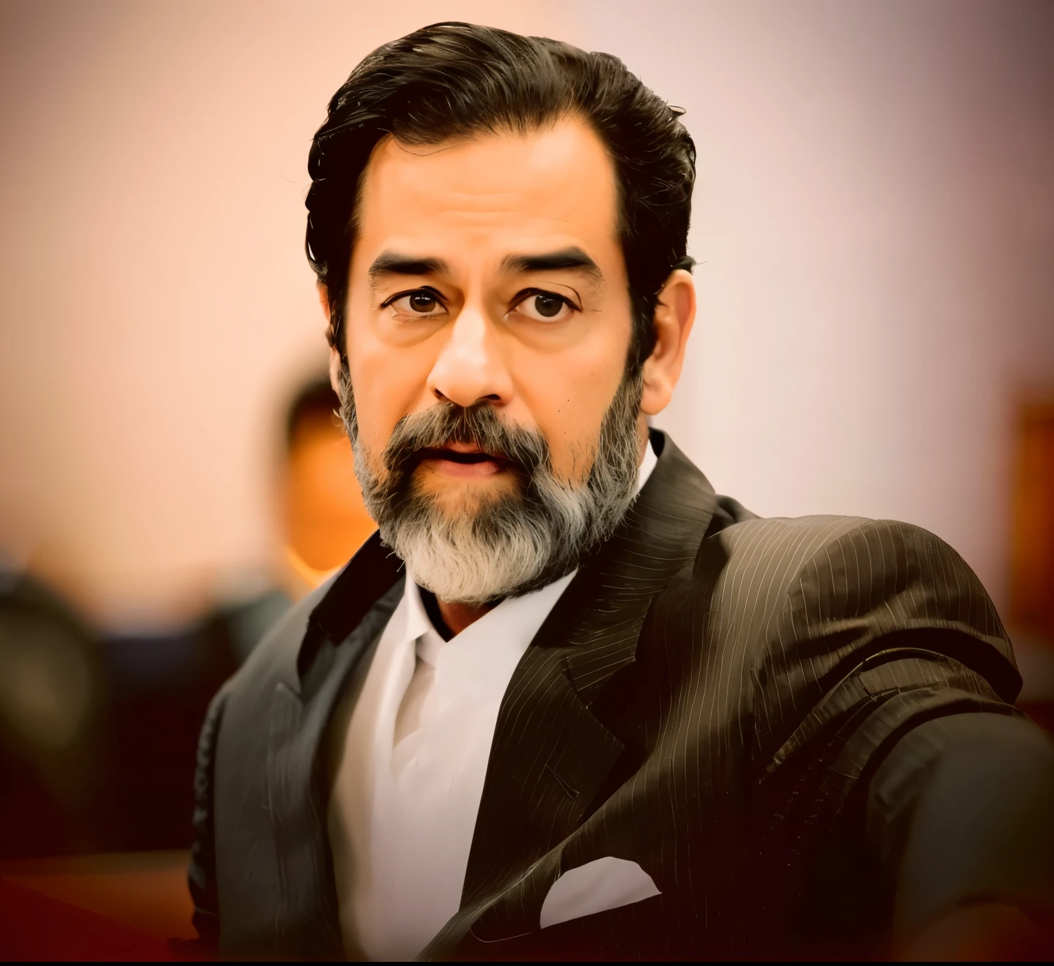 ((half body)) Photo RAW Ceo Man sitting in an office chair, wearing black suit, (Using Dark Beard) movie scene, (Impeccable) ,Serious and elegant man, , with thick male eyebrows, (with mysterious and serious face,) short dark hair, dark black background image, elegant, ( high quality and realistic image), ((Best Quality, 8k, Masterpiece)
