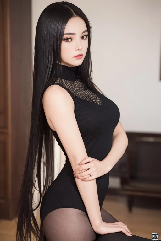 ((Top Quality、8K、​masterpiece:1.3))、a tall and beautiful woman、Perfect Figure:1.4、(gothic aesthetic) Slim Abs、(goth girl) black hairstyle、long hair、No postural movement、Stand up straight、Huge bust、Highly detailed facial and skin texture、(A detailed eye, Symmetry Eyes, Clear eyes, Double eyelidd、Cold-stricken face、Symmetrical face), Royal sisters full of fans、The Telegraph Esbian、peach buttocks、(black gothic Knit Dress, Very Tight Knit), squart、(Raw foto:1.2)、((Photorealcitic:1.4))Top Quality、​masterpiece、Real Photography、very delicate and beautiful.、super detailed CG、Unity、8K photo wallpaper、delicate detail、best qualtiy、Highly detailed CG unity 8k wallpaper、absurderes、Incredibly Absurd、huge file size、extremely highly detailed、Hight Resolution、ighly Details、Beautiful detail girl、extremely detailed eyes and face、beautiful delicate eyes、Facial light、cinematic lightings、(big hips, thick thighs, beautiful legs, black pantyhose) 1girll、see -through,Watch your audience, Plane Air, high ponytail、ulzzang-6500、The Telegraph Esbian,