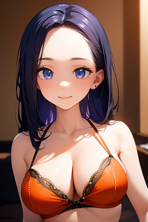 (((forehead))), (masterpiece, best quality), intricate details, 8k, artstation, wallpaper, official art, splash art, sharp focus, 1girl,barefaced,((orange lingerie)), black hair, blue eyes, smile, sexy, large breast, sexy, Sexy, big bust, beautiful body, hotel bedroom