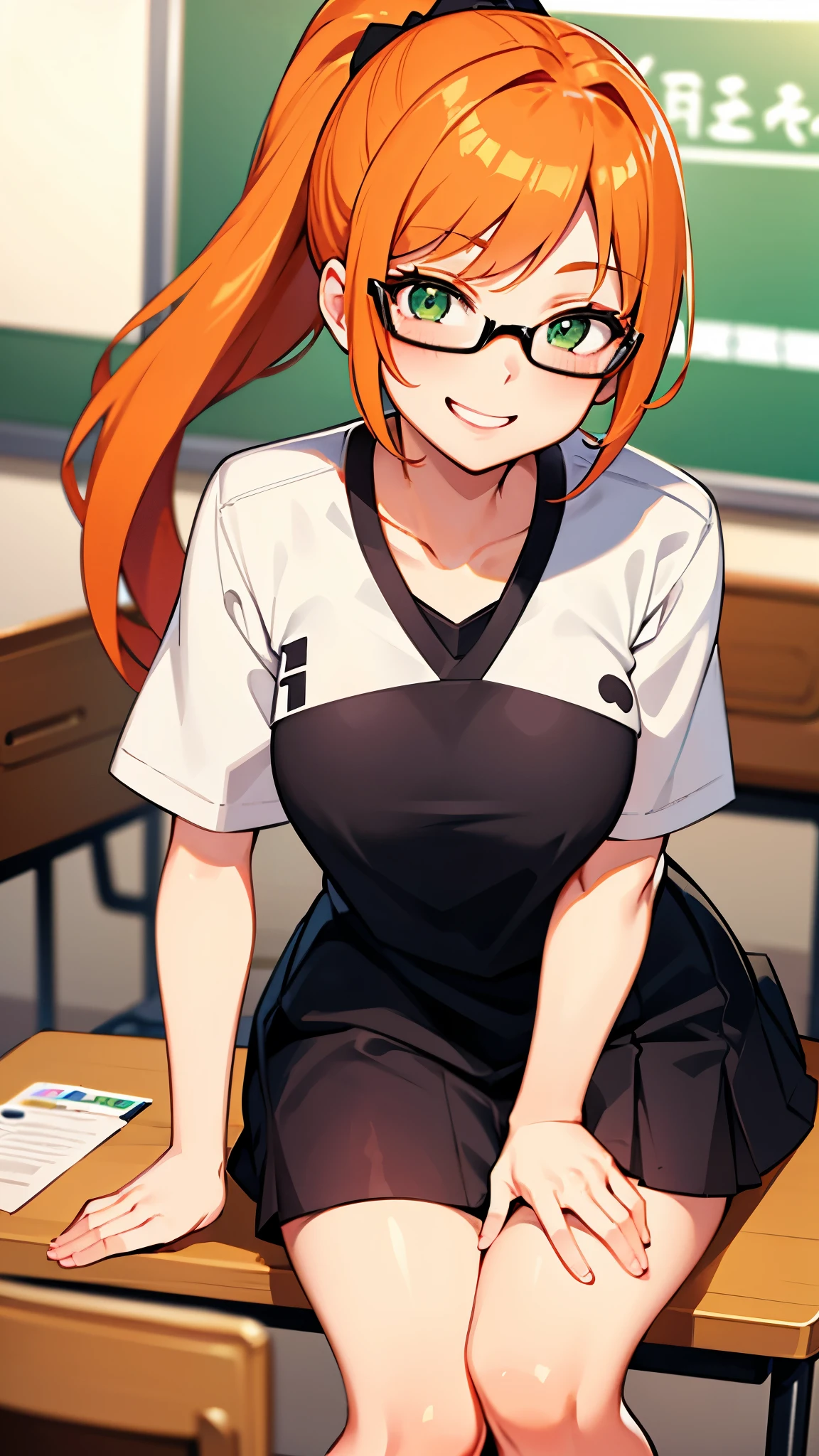 Girl, ponytail hair, orange hair, green eyes, cute girl, glasses, smile, high , classroom