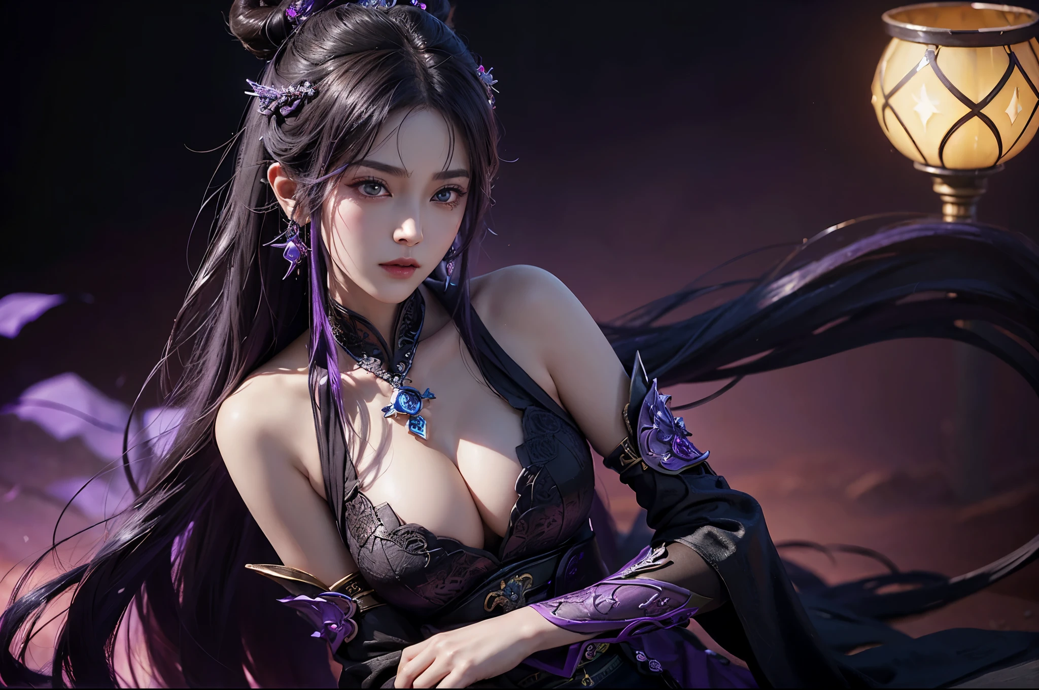 a close up of a woman with a purple and black costume, shadowbringers cinematic, 4 k detail fantasy, a beautiful fantasy empress, game cg, xianxia fantasy, xianxia hero, 2. 5 d cgi anime fantasy artwork, cinematic goddess close shot, ruan jia and artgerm, wow 4 k detail fantasy, hyperdetailed fantasy character