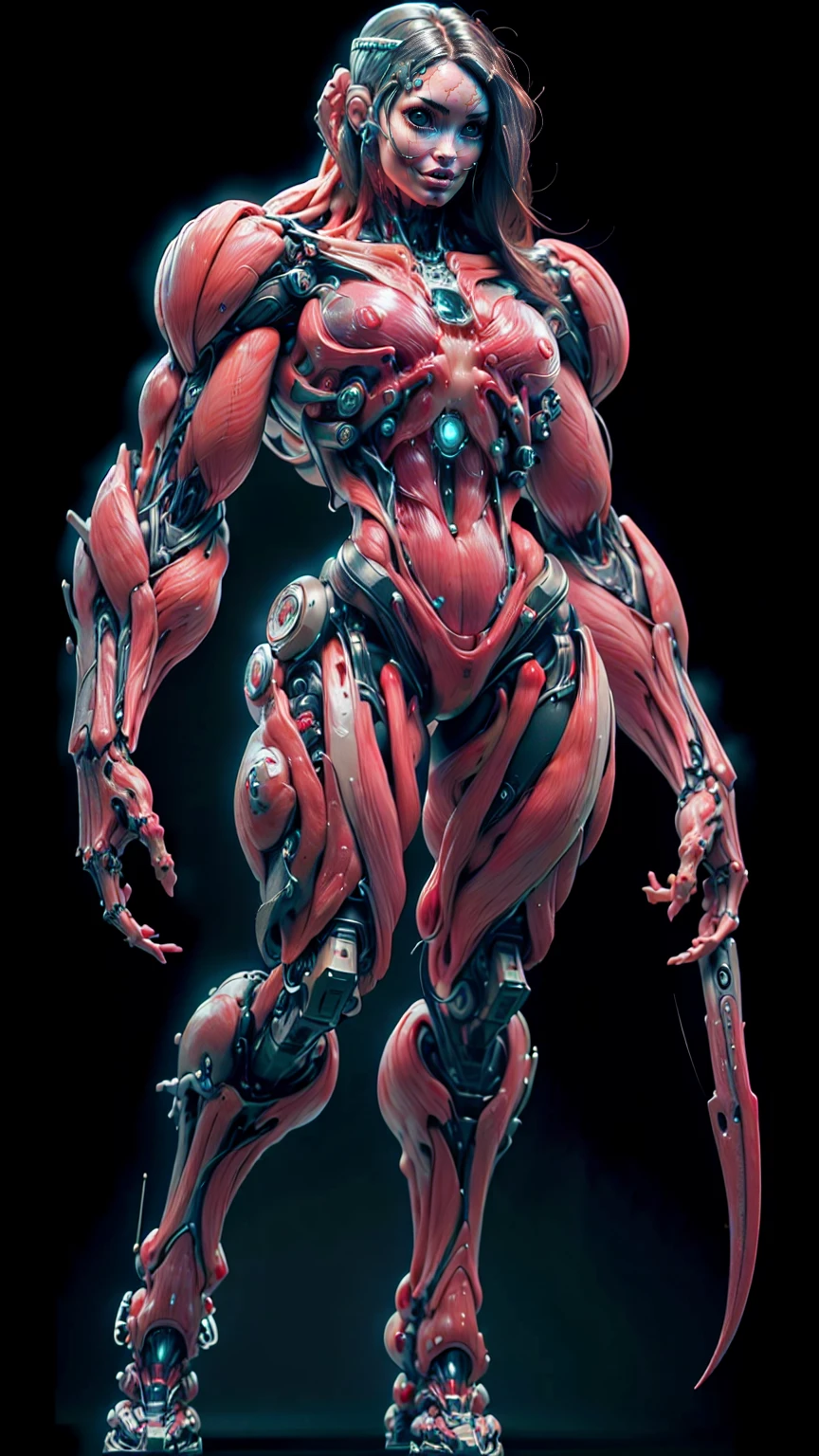 (1 girl), (megan fox:1.25), (muscular android girl wearing a red anatomic bio-mecha cybernetic muscle suit:1.25), (wide shoulders:1.25), (muscular defined physique:1.25), perfect hands, (long hair:1.25), looking at viewer, high resolution image, extreme detail, blank background