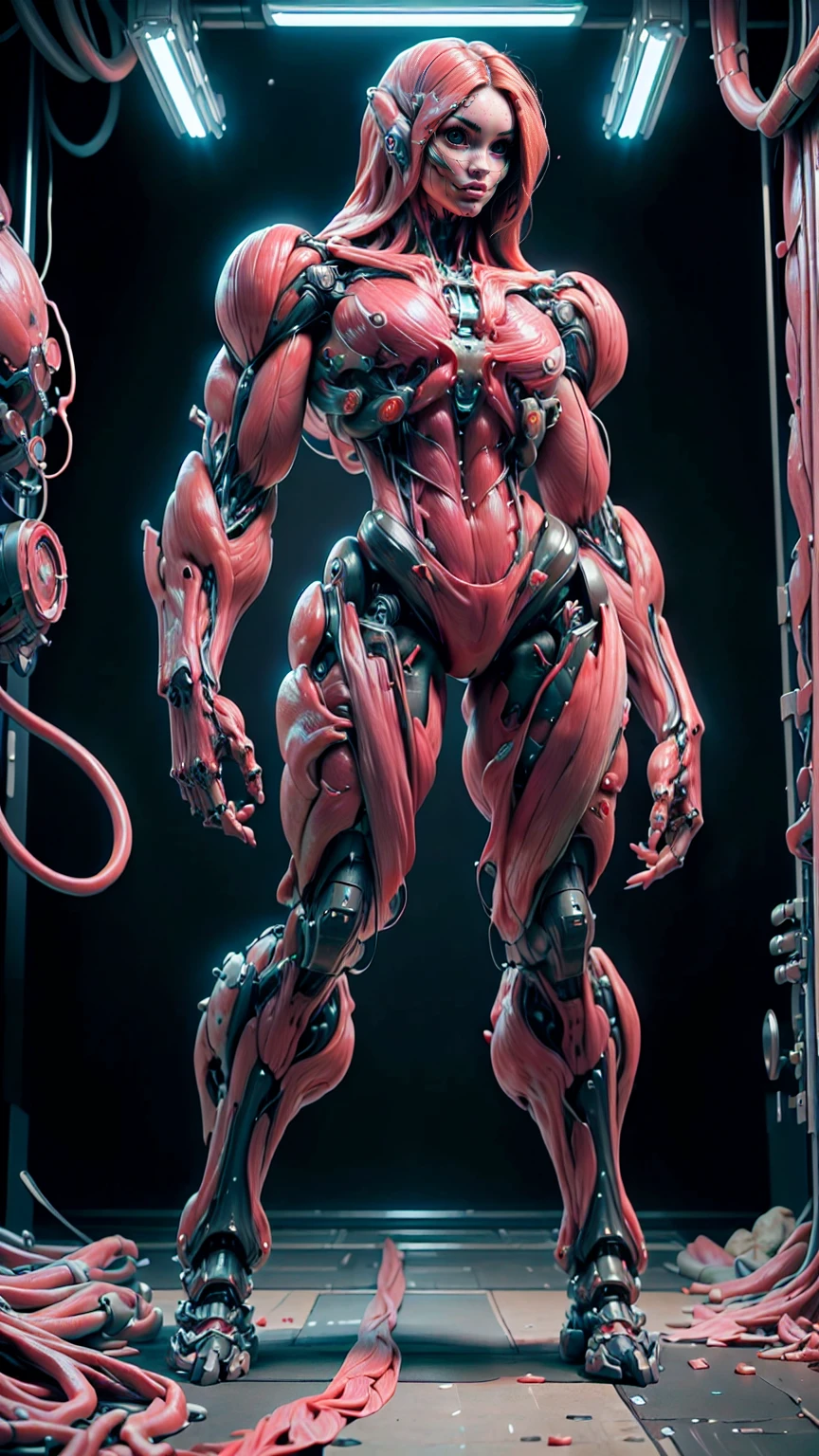 (1 girl), (megan fox:1.25), (muscular android girl wearing a red anatomic bio-mecha cybernetic muscle suit:1.25), (wide shoulders:1.25), (muscular defined physique:1.25), perfect hands, (long hair:1.25), looking at viewer, high resolution image, extreme detail, blank background