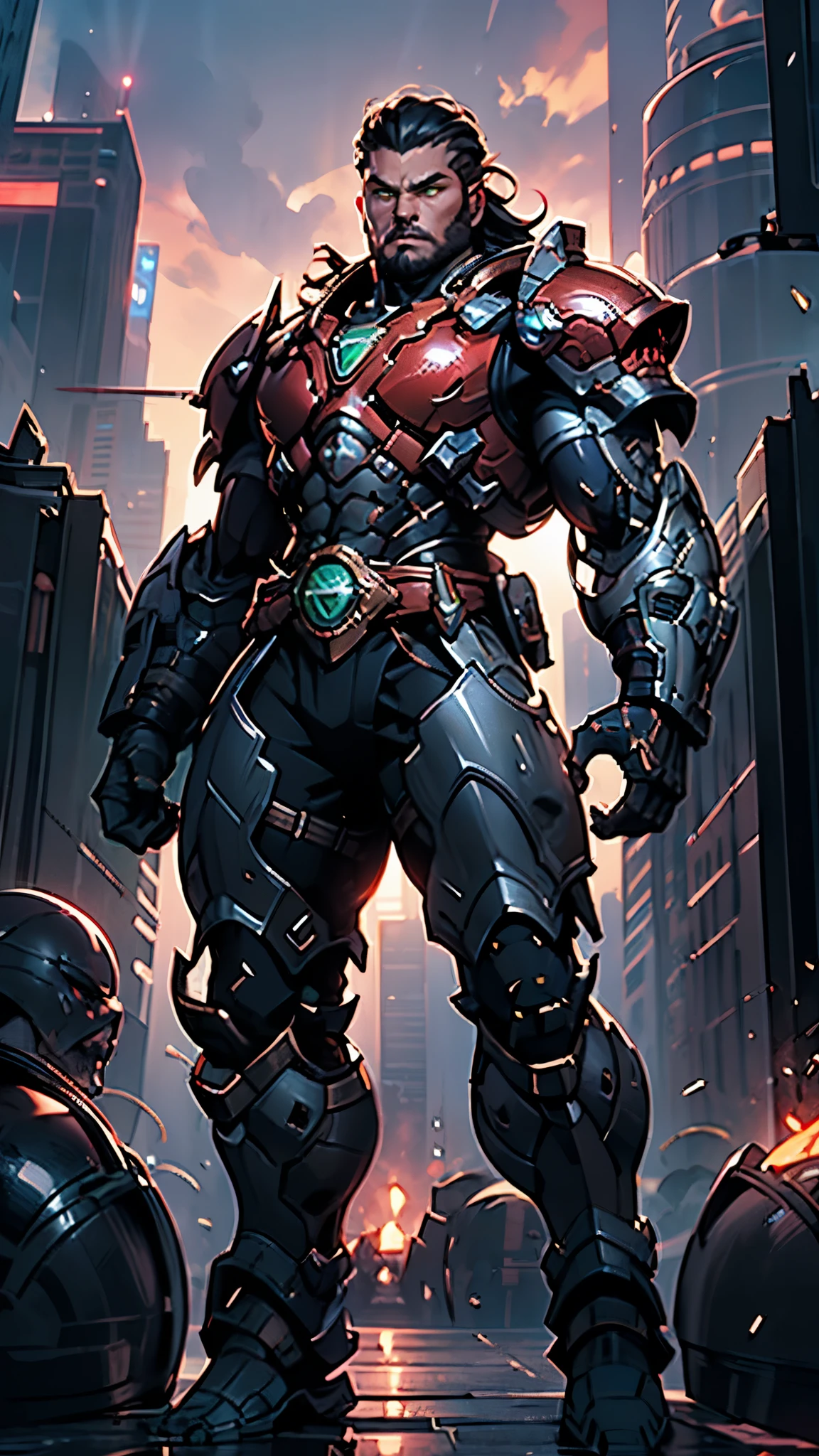 A man wearing a full-face helmet, a fantasy-style biotech armored combat suit, green eyes, (a composite layered chest armor), fully enclosed shoulder guards, matching arm and leg guards, the belt is adorned with dragon claw grasping orbs, (primarily black with red accents), the design balances heavy with agility, a high-tech bio-mecha armor, (lion concept Armor, stand on the top of a skyscraper in a futuristic sci-fi city), this character embodies a finely crafted fantasy-surreal style armored hero in anime style, exquisite and mature manga art style, (element, plasma, energy, the armor glows), ((male:1.5)), metallic, real texture material, dramatic, high definition, best quality, highres, ultra-detailed, ultra-fine painting, extremely delicate, professional, perfect body proportions, golden ratio, anatomically correct, symmetrical face, extremely detailed eyes and face, high quality eyes, creativity, RAW photo, UHD, 32k, Natural light, cinematic lighting, masterpiece-anatomy-perfect, masterpiece:1.5