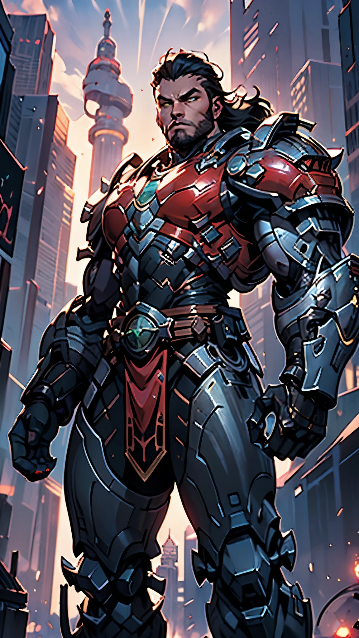 A man wearing a full-face helmet, a fantasy-style biotech armored combat suit, green eyes, (a composite layered chest armor), fully enclosed shoulder guards, matching arm and leg guards, the belt is adorned with dragon claw grasping orbs, (primarily black with red accents), the design balances heavy with agility, a high-tech bio-mecha armor, (lion concept Armor, stand on the top of a skyscraper in a futuristic sci-fi city), this character embodies a finely crafted fantasy-surreal style armored hero in anime style, exquisite and mature manga art style, (element, plasma, energy, the armor glows), ((male:1.5)), metallic, real texture material, dramatic, high definition, best quality, highres, ultra-detailed, ultra-fine painting, extremely delicate, professional, perfect body proportions, golden ratio, anatomically correct, symmetrical face, extremely detailed eyes and face, high quality eyes, creativity, RAW photo, UHD, 32k, Natural light, cinematic lighting, masterpiece-anatomy-perfect, masterpiece:1.5