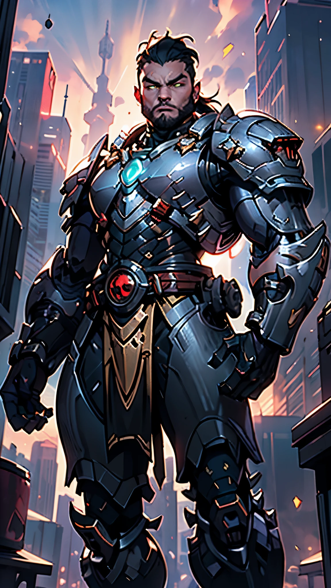 A man wearing a full-face helmet, a fantasy-style biotech armored combat suit, green eyes, (a composite layered chest armor), fully enclosed shoulder guards, matching arm and leg guards, the belt is adorned with dragon claw grasping orbs, (primarily black with red accents), the design balances heavy with agility, a high-tech bio-mecha armor, (lion concept Armor, stand on the top of a skyscraper in a futuristic sci-fi city), this character embodies a finely crafted fantasy-surreal style armored hero in anime style, exquisite and mature manga art style, (element, plasma, energy, the armor glows), ((male:1.5)), metallic, real texture material, dramatic, high definition, best quality, highres, ultra-detailed, ultra-fine painting, extremely delicate, professional, perfect body proportions, golden ratio, anatomically correct, symmetrical face, extremely detailed eyes and face, high quality eyes, creativity, RAW photo, UHD, 32k, Natural light, cinematic lighting, masterpiece-anatomy-perfect, masterpiece:1.5