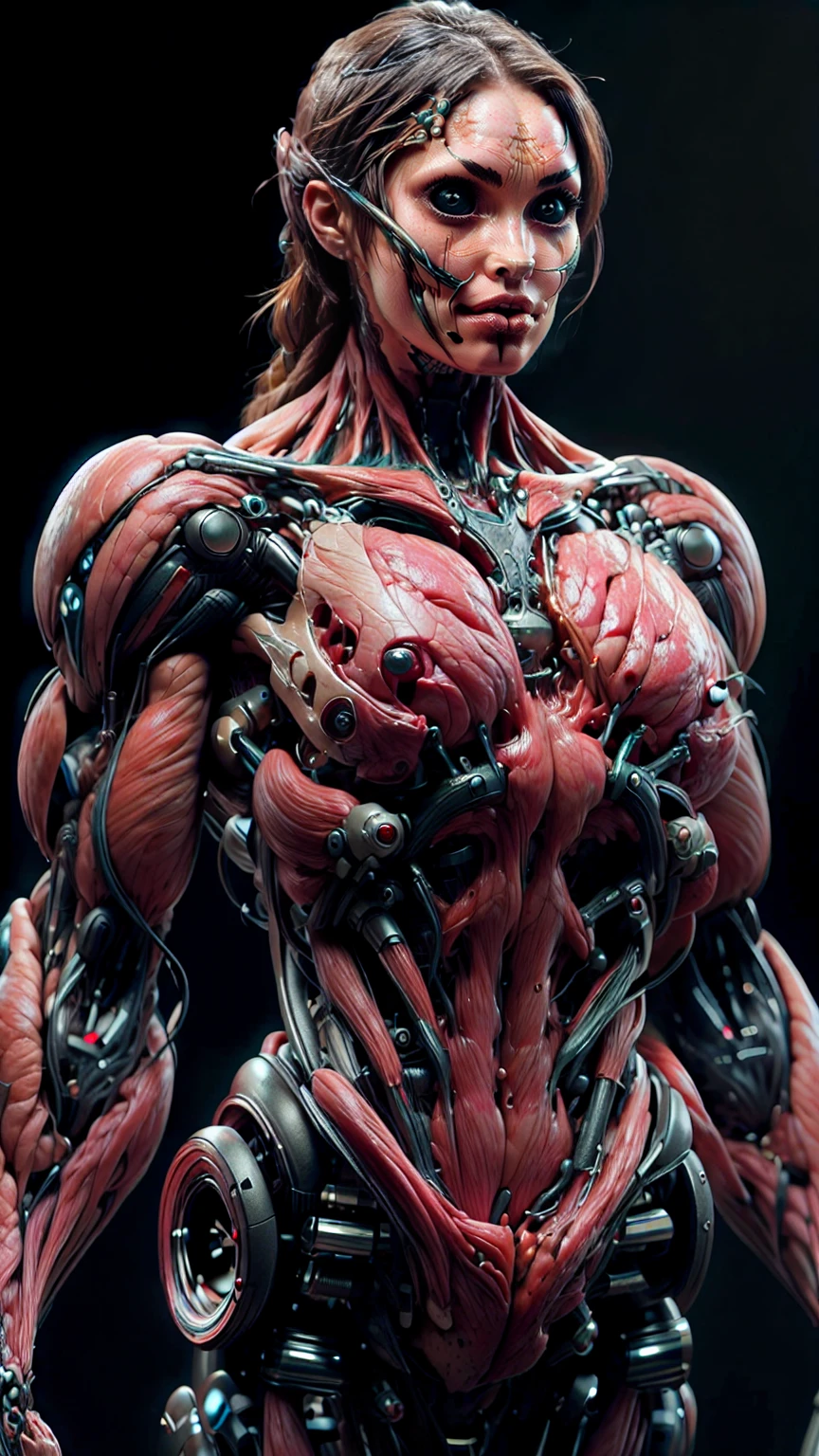 (1 girl), (megan fox:1.25), (muscular android girl wearing a red anatomic bio-mecha cybernetic muscle suit:1.25), (wide shoulders:1.25), (muscular defined physique:1.25), perfect hands, (long hair:1.25), looking at viewer, high resolution image, extreme detail, blank background