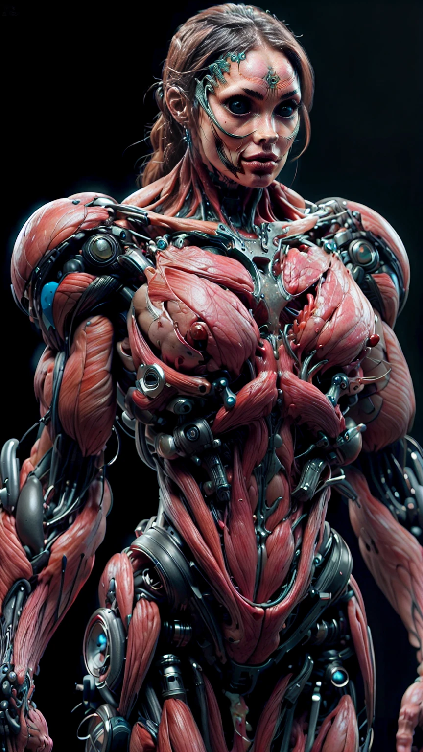 (1 girl), (megan fox:1.25), (muscular android girl wearing a red anatomic bio-mecha cybernetic muscle suit:1.25), (wide shoulders:1.25), (muscular defined physique:1.25), perfect hands, (long hair:1.25), looking at viewer, high resolution image, extreme detail, blank background