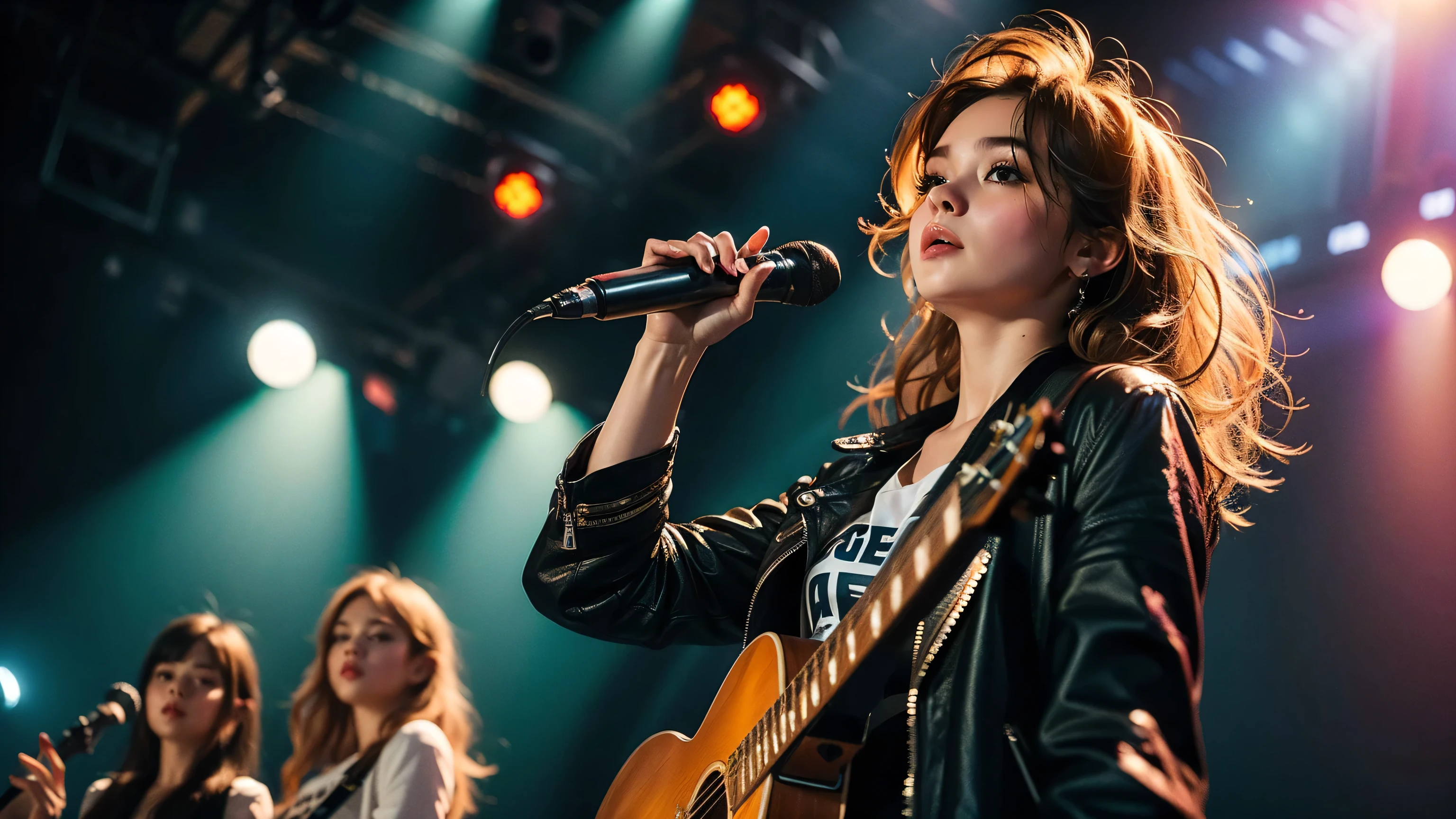 best quality, ultra high res, (photorealistic:1.4), masterpiece, Concert background,1girl,detailed eyes,hair decoration,trendy expression,jacket,top,pants,(style:1.5),standing,On stage,Play the guitar,sing(looking at viewer),