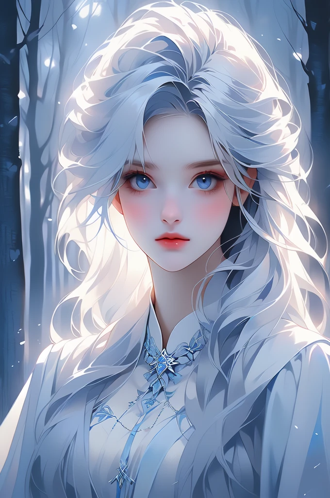 portrait, ghost girl, ethereal, blue, dark forest, night, white hair, white gown, slavic