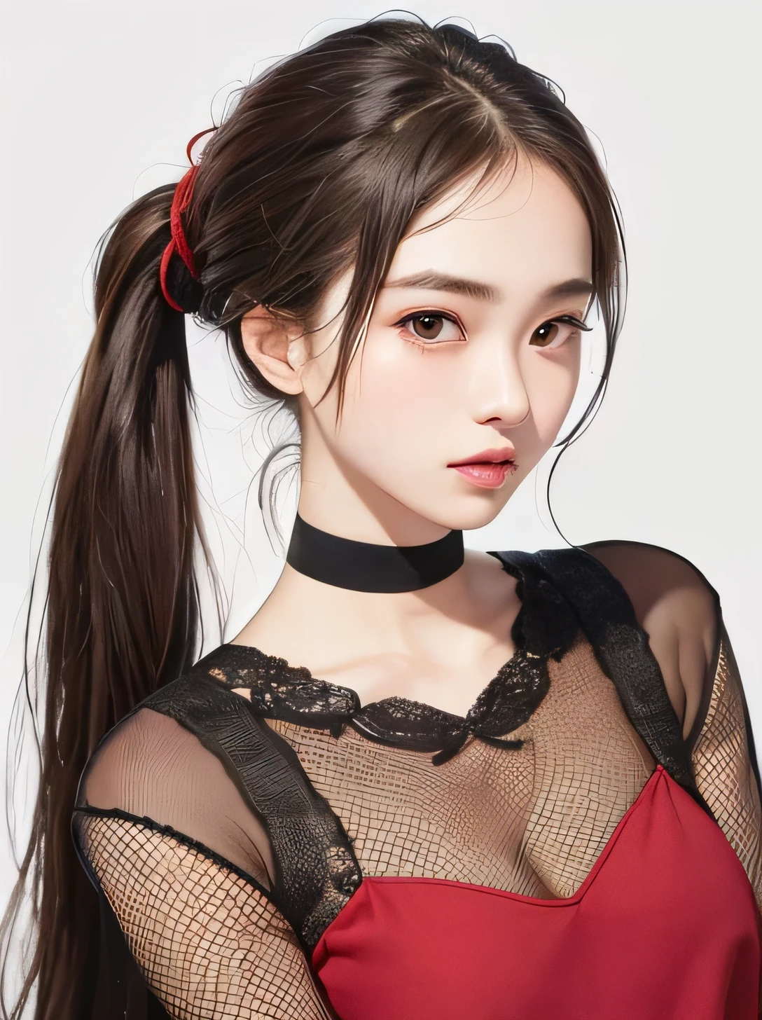 ((vivid, Realistic: 1.5), No background: 1.0, Portrait of a beautiful 17 year old Japanese girl: 1.2, Light Gray Background: 1.1, Breast augmentation: 1.2, cute: 1.0,Follow me please (Closer to me): 1.2,
Long Hair: 1.2, Black Hair: 1.2, hair tied in a ponytail: 1.1, Small face: 1.1, Hair with red mesh: 1.1, Straight hair: 1.1, 