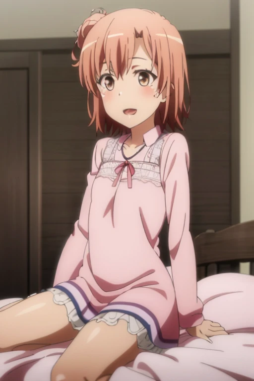 ((highest quality)), ((masterpiece)), (be familiar with), Perfect Face, indoor, Bedroom, Watching the audience,
One woman, Yuigahama Yui,
Open Mouth, Ecstatic expression, blush, smile,
Small breasts, Flat Chest, Young Girl, , , Girl,
Short Hair, Salmon-colored hair, Salmon-colored eyes, Side Pony,
Leg spread,