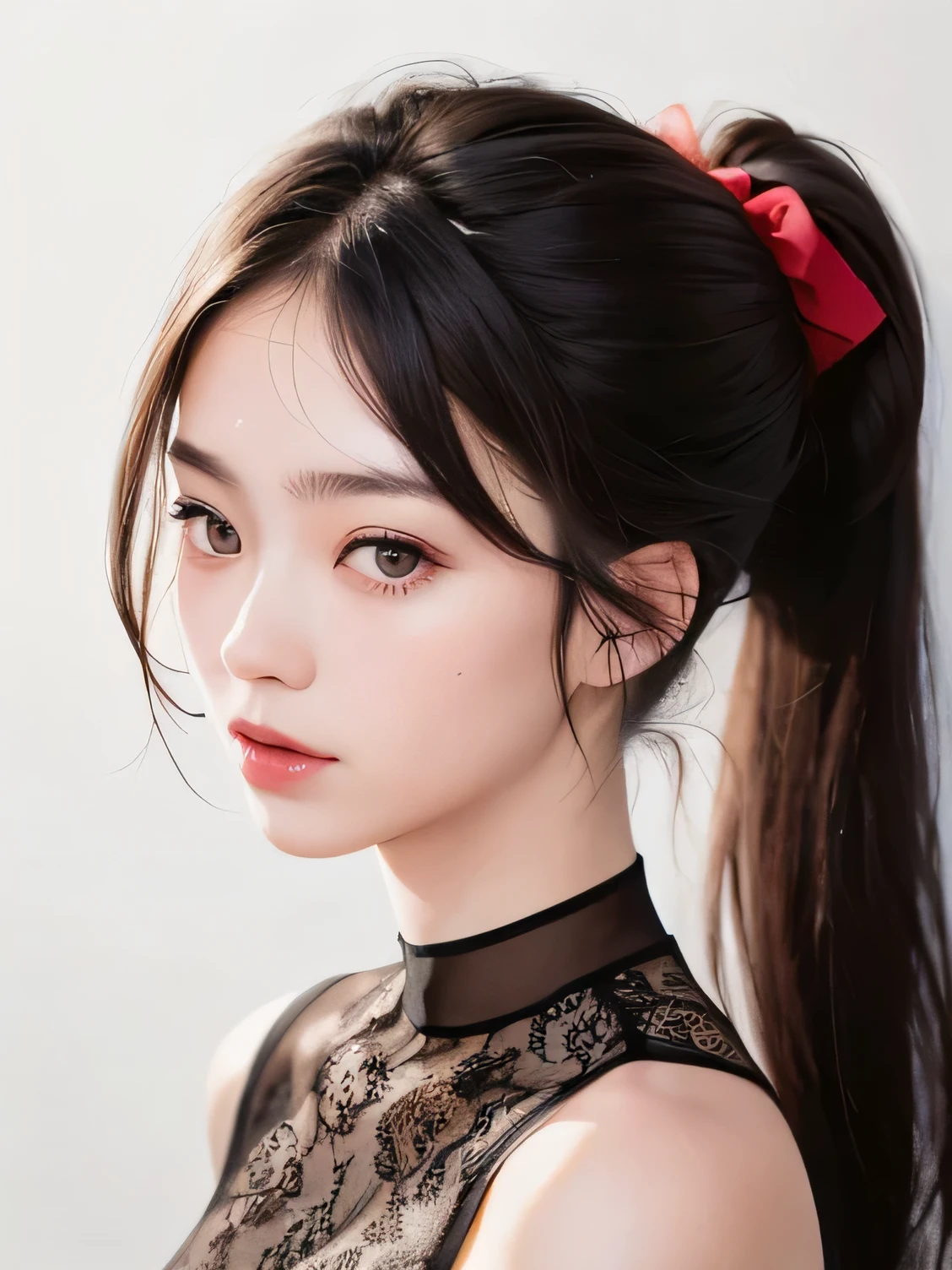 ((vivid, Realistic: 1.5), No background: 1.0, Portrait of a beautiful 17 year old Japanese girl: 1.2, Light Gray Background: 1.1, Breast augmentation: 1.2, cute: 1.0,Follow me please (Closer to me): 1.2,
Long Hair: 1.2, Black Hair: 1.2, hair tied in a ponytail: 1.1, Small face: 1.1, Hair with red mesh: 1.1, Straight hair: 1.1,