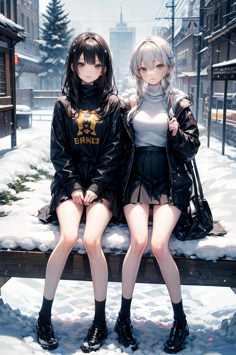 rustic,Heavy snow,Snow,a girl,Golden shawl long hair,Pure:1.5,slim,16 years old,Wearing a white turtleneck sweater,jacket,Black pleated skirt,Bare legs,White socks,Very thin,The legs are very thin,Thin legs,whole body