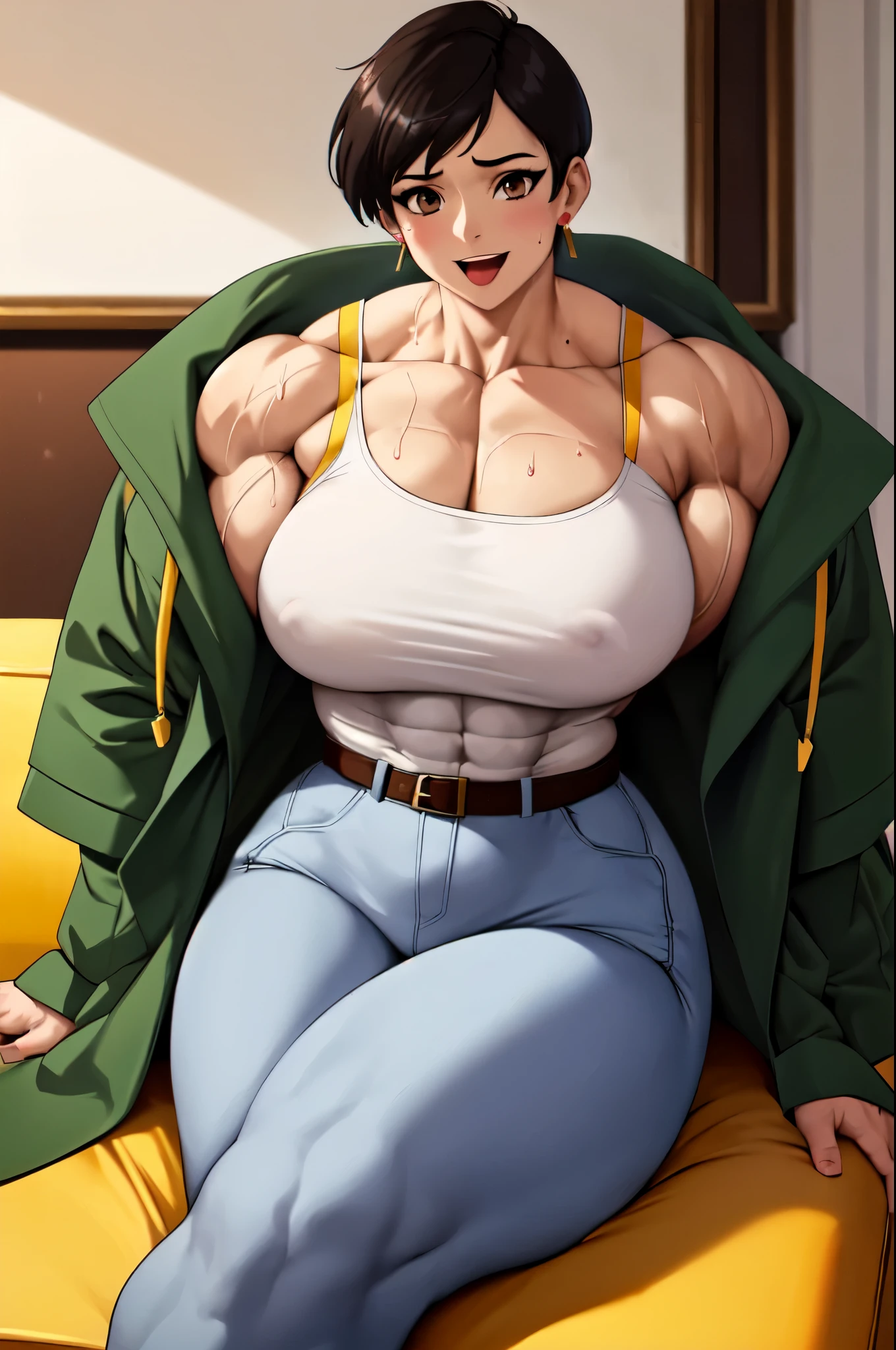 (masterpiece, best quality:1.2), lois lane (my adventures with superman), solo, 1girl, black hair, brown eyes, earrings, belt, shirt, short hair, jewelry, smile, hood, white shirt, pants, stud earrings, tomboy, coat, black pants, brown belt, striped, collarbone, green coat, breasts, large breasts, striped shirt, piercing, couch, looking at viewer, lying, open mouth, smile, on couch, on side, indoors, living room,(big muscular female bodybuilder),(oil painting,high-res),(sweating,flexing muscles,six-pack abs),(best quality,professional,vivid colors),(strong, powerful),(studio lighting,dramatic shadows),(realistic).