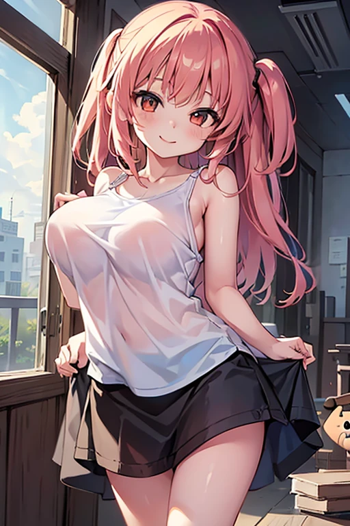 1girl,solo,retina,masterpiece, Awards, high quality, High resolution, HD, 4K,8K,high quality,(professional illustration:1.1),look at viewer,(large breasts:1.3),(bevelling breasts:1.5),(Chewy breasts:1.4),camisole,(),clothed big breasts,smile,lean back,bend backward
