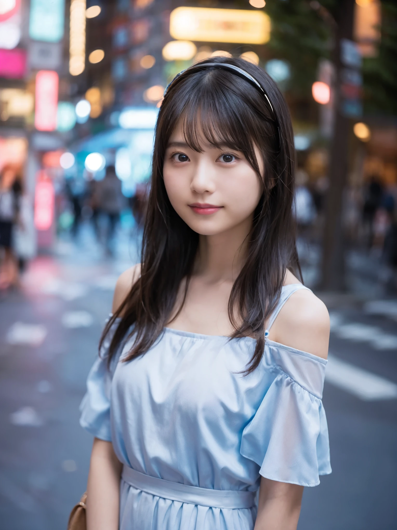 The attractive gaze of a young Japanese woman.
The transparency of a pink and cyan off-shoulder shirt dress, With a light background, Expressing the silence of the night. Hairpiece, Beautiful fantasy world scene, Lens flare, Tilt-shift effect. The atmosphere of photos taken with the OLYMPUS OM-D E-M5 Mark III、16-year-old girl.、smile、smile